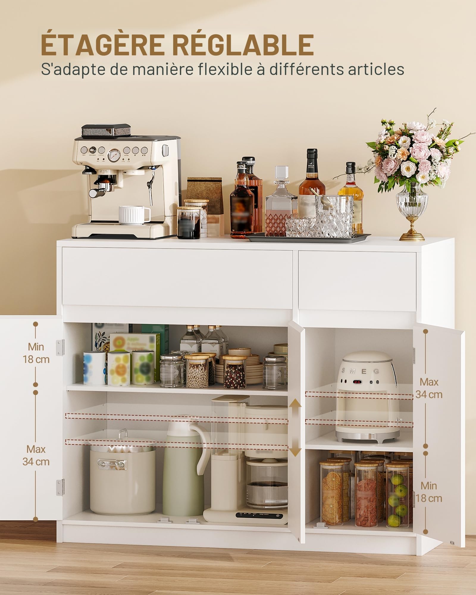 Hzuaneri Buffet, Meuble Cuisine, Meuble de Rangement avec 2 Tiroirs, 3 Portes, Étagères Réglables, Style Moderne, Adapté à La Cuisine ou au Salon, 33 x 100 x 81,5 cm, Blanc SC32003X