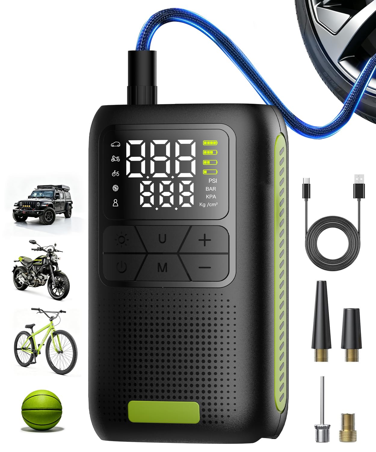 Compresseur d'air Portable sans Fil 150 PSI, gonflage Rapide avec Cylindre 19 mm. | USB-C, arrêt automatique, éclairage LED. Compatible pneus voiture, moto, vélo et ballons de sport.