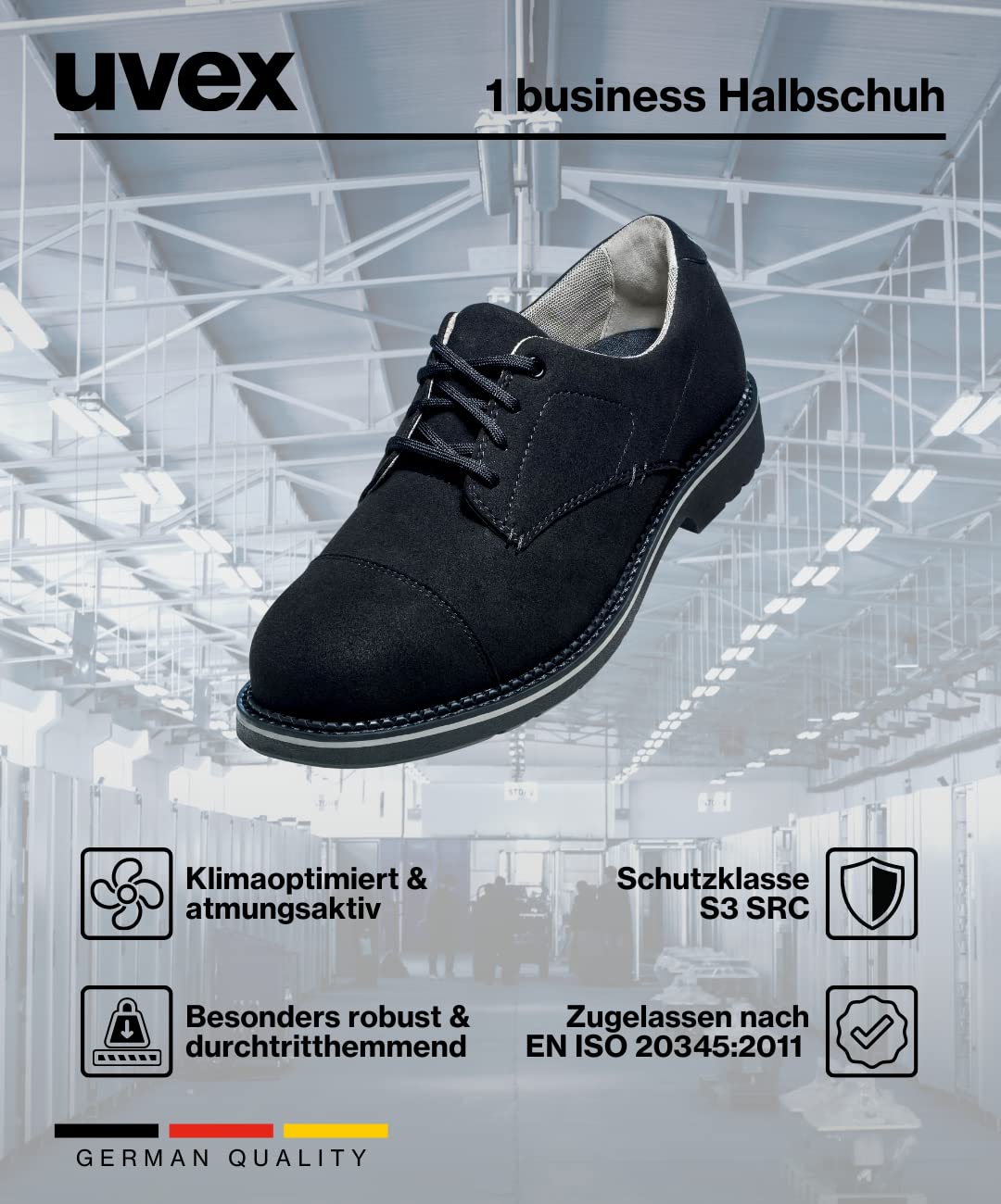 Uvex 1 Zapatos de seguridad con puntera de acero, zapatos de trabajo resistentes y transpirables S3 SRC, unisex, color negro, talla 47