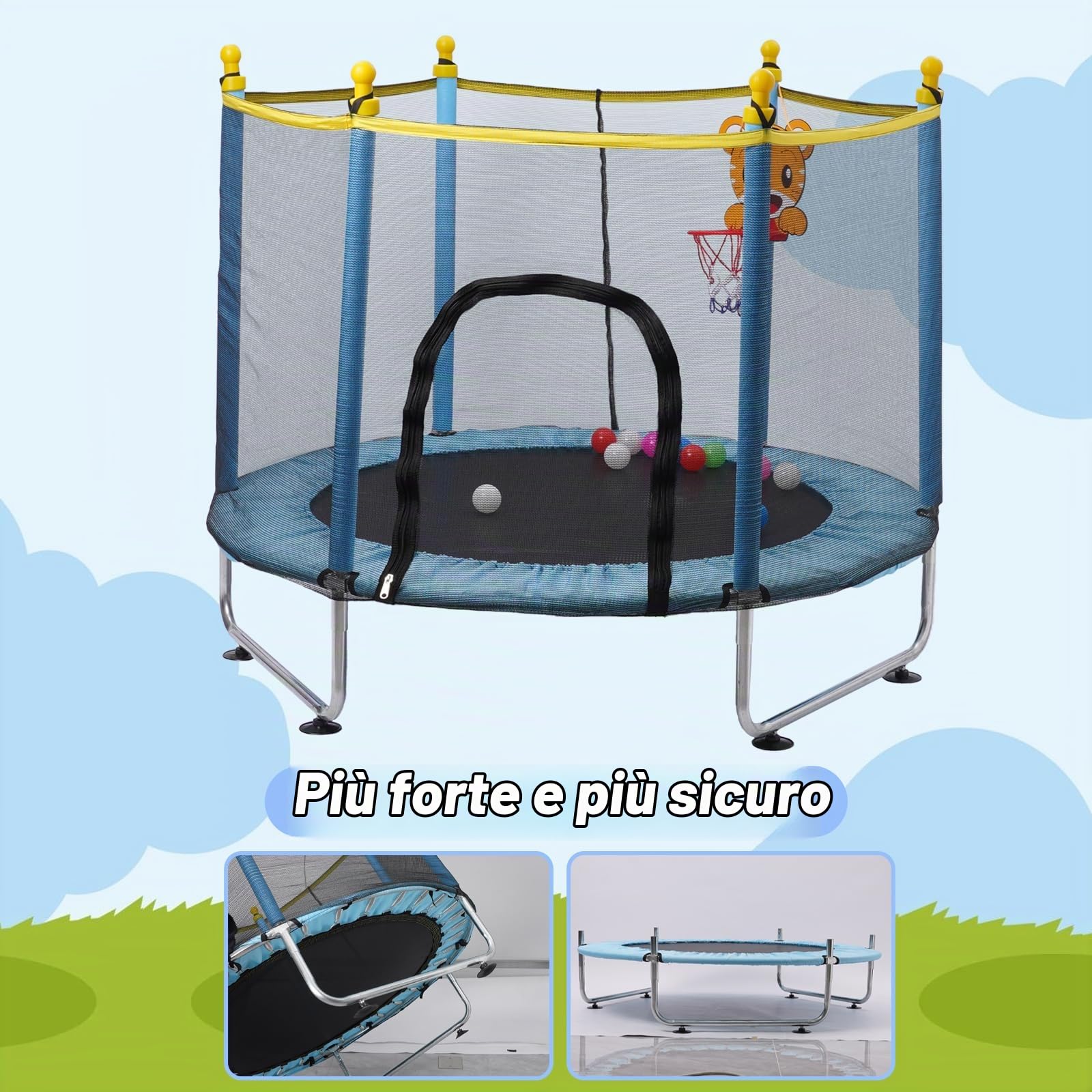 Trampolino Elastico per Bambini 140cm, Tappeto Interno Elastico da Esterno con Rete di Sicurezza e Cestino da Basket, Giochi da Giardino per Bambini 2 3 Anni