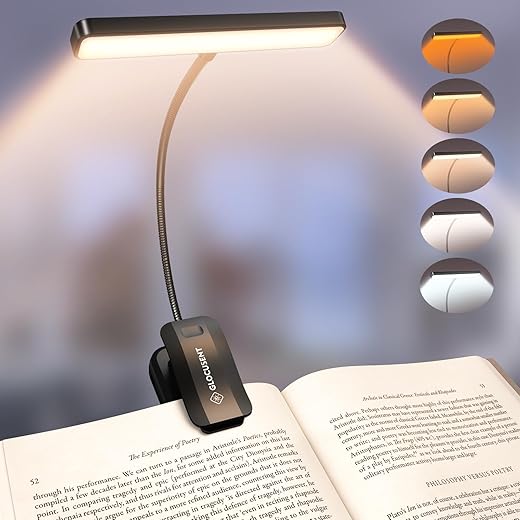 Glocusent 26 LED Rechargeable Book Light for Reading in Bed, Eye-Caring 5 Amber Colors and Stepless Dimming, Lasts 1 Week to a Months, Travel Clip on Lamp Gifts for Book Lovers, Men, Women & Kids