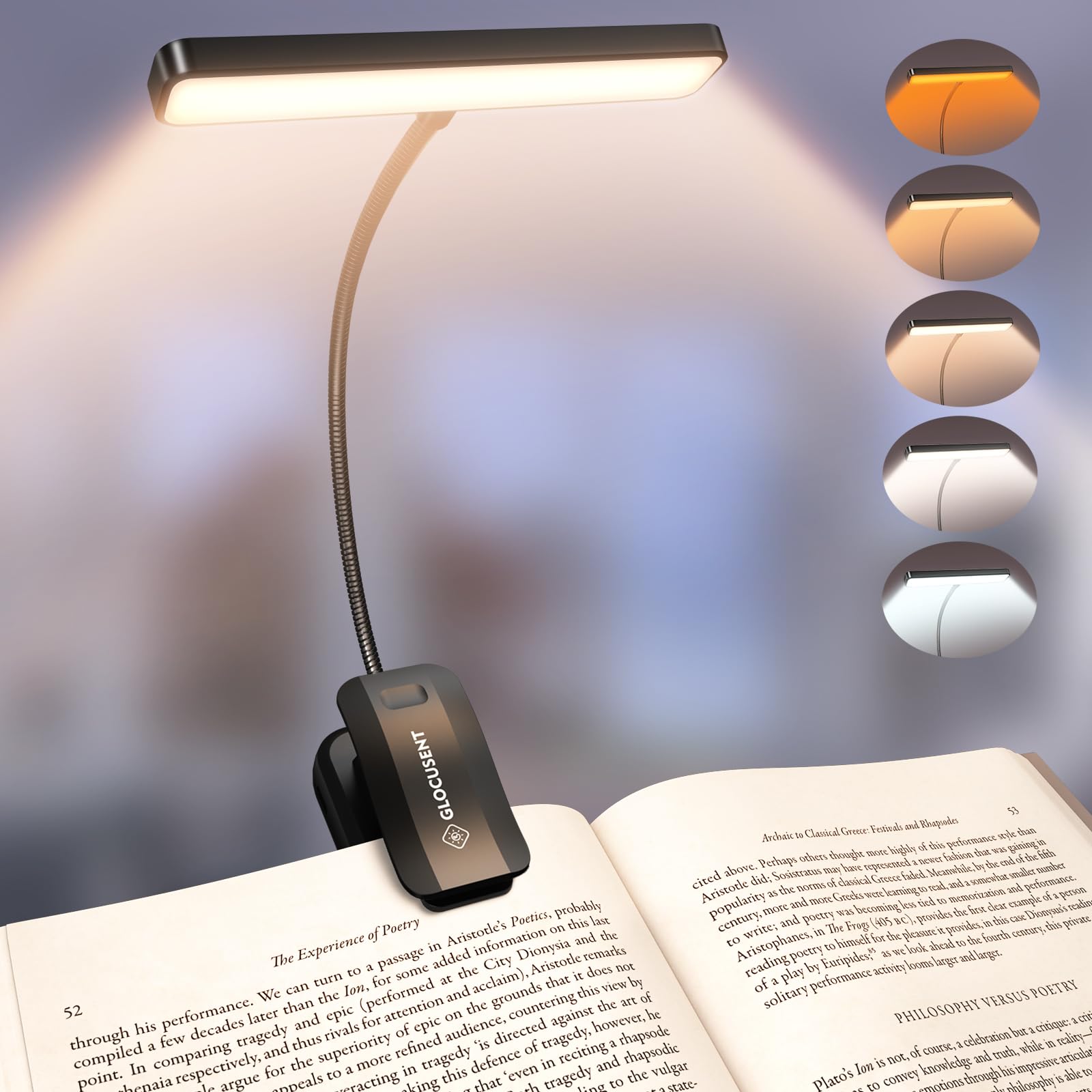 Glocusent Leselampe Buch Klemme 26 LEDs, Buchlampe mit 5 Farbtemperatur & Stufenlose Helligkeit, USB-C Wiederaufladbares Leselicht, Lange Laufzeit, 360° Flexibel für Nachtlesen ins Bett