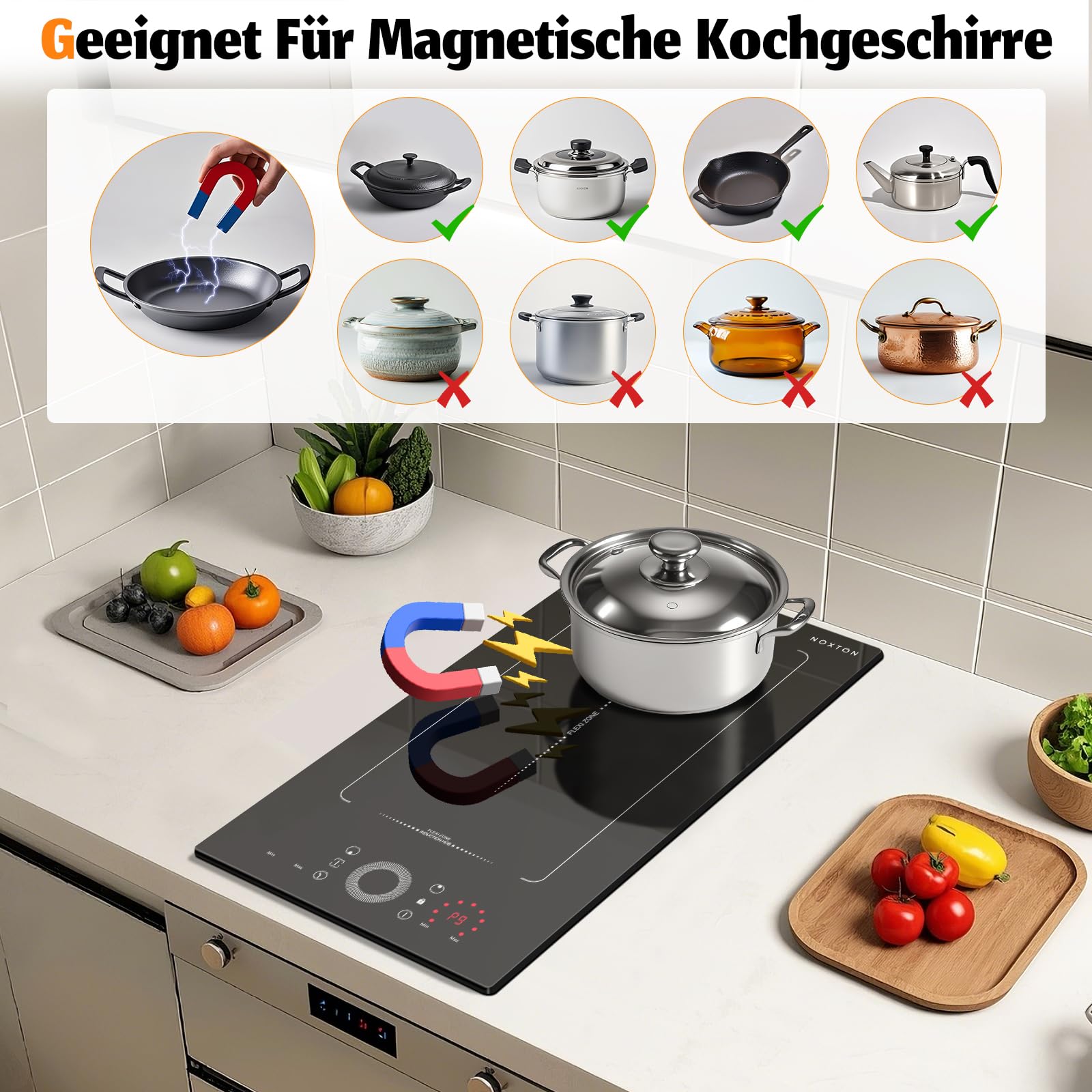 NOXTON Domino Induktionskochfeld Flexzone 2 Platten mit Runder Schieberegler, Induktionsfeld 2 Zonen mit Stecker, Induktion Kochfeld 30 cm Einbau mit Timer, Sicherheitsschloss, 220-240 V, 3500W
