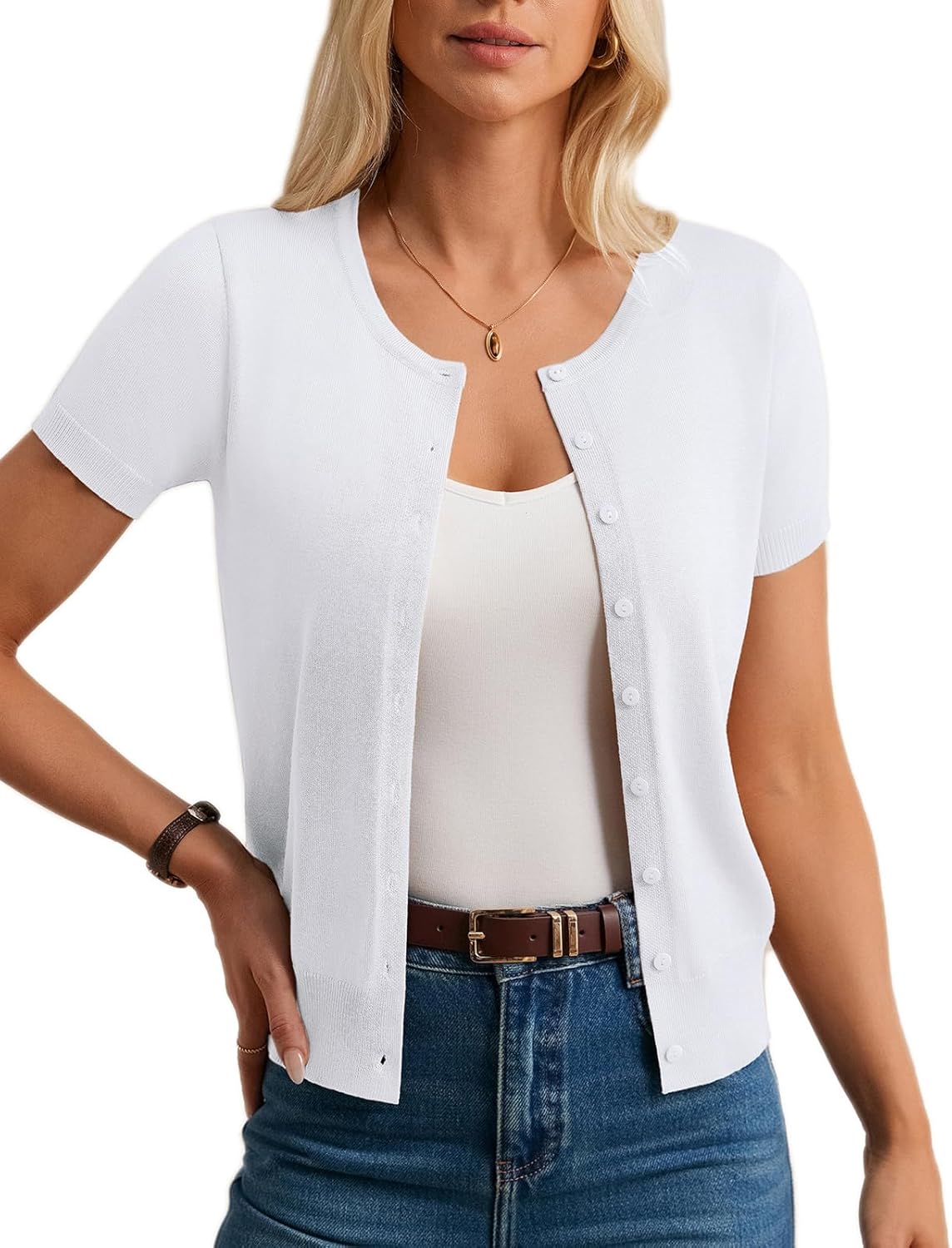 GRACE KARIN Short Sleeve Cardigans for Women, 2026 Summer Knitted Sweater Tops, Basic Crew Neck Crop Outfits