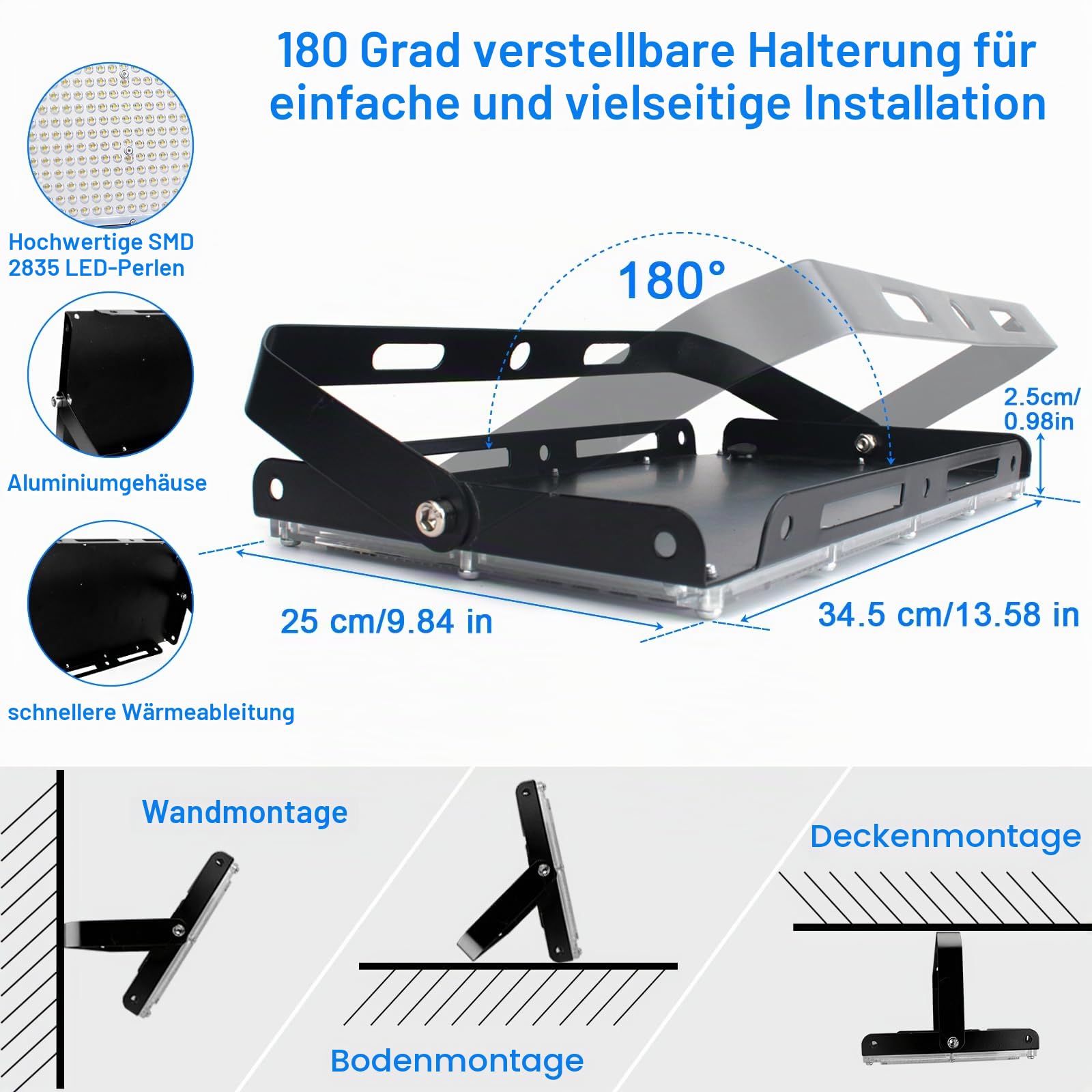 300W LED Strahler Außen Kaltweiß,2 Stück Superhell LED Strahler Mit Stecker, 6500K Kaltweiß, 30000LM, IP65 Wasserdicht Außenstrahler für Garten Sportplatz Garage Hof [Energieklasse E]