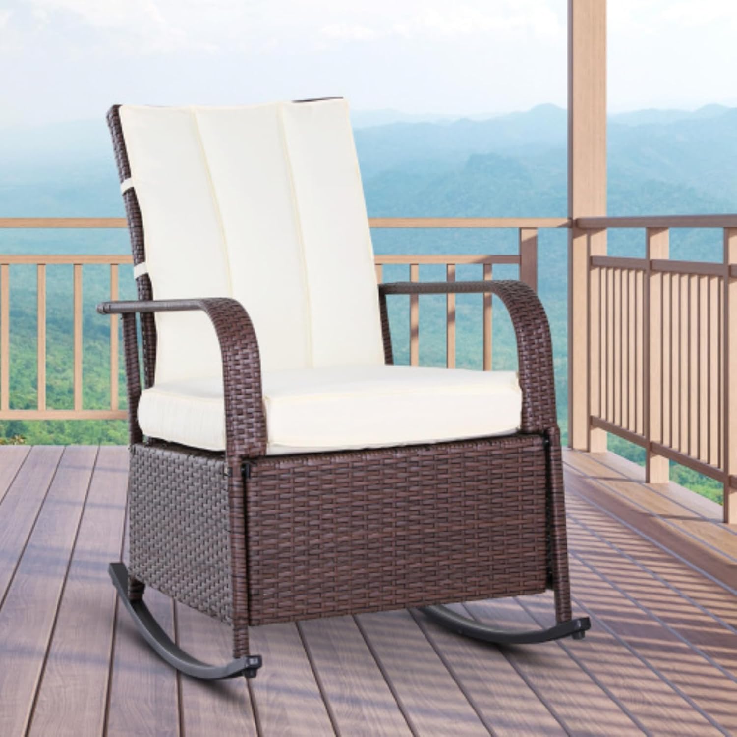 Wicker Outdoor Rocking Chair, Patio Lounge Chair with Adjustable Backrest, PE Rattan Lounge Chair with Adjustable Footstool and Cushions for Garden, Backyard, Porch, Beige