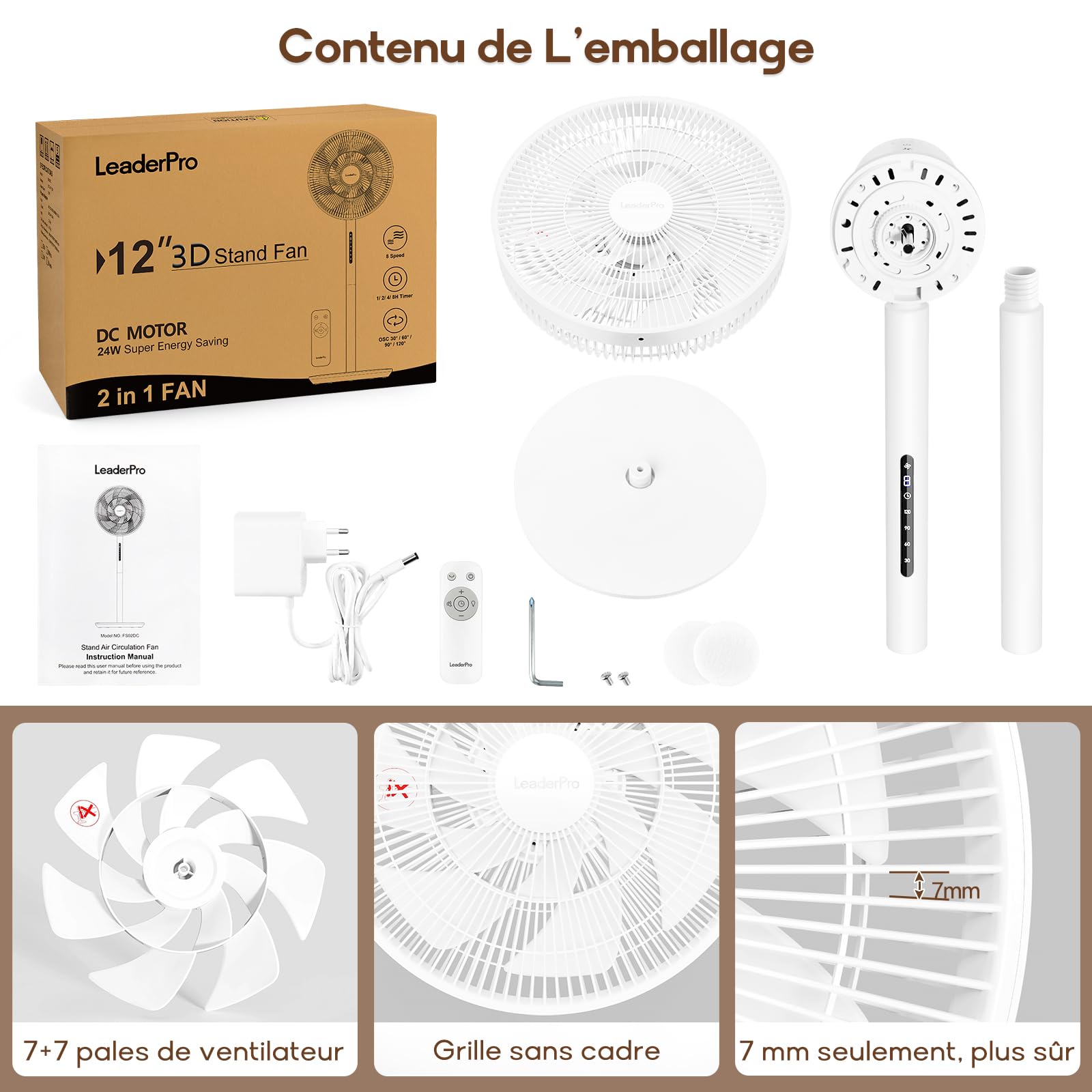 LeaderPro Ventilateur sur Pied Silencieux 12,8 dB avec Télécommande, Débit d'Air de 1980 m³/h, Double Lames Puissantes, Oscillation 120°, 8 Vitesses, Minuterie 8 h, Hauteur Réglable, Moteur DC, Blanc