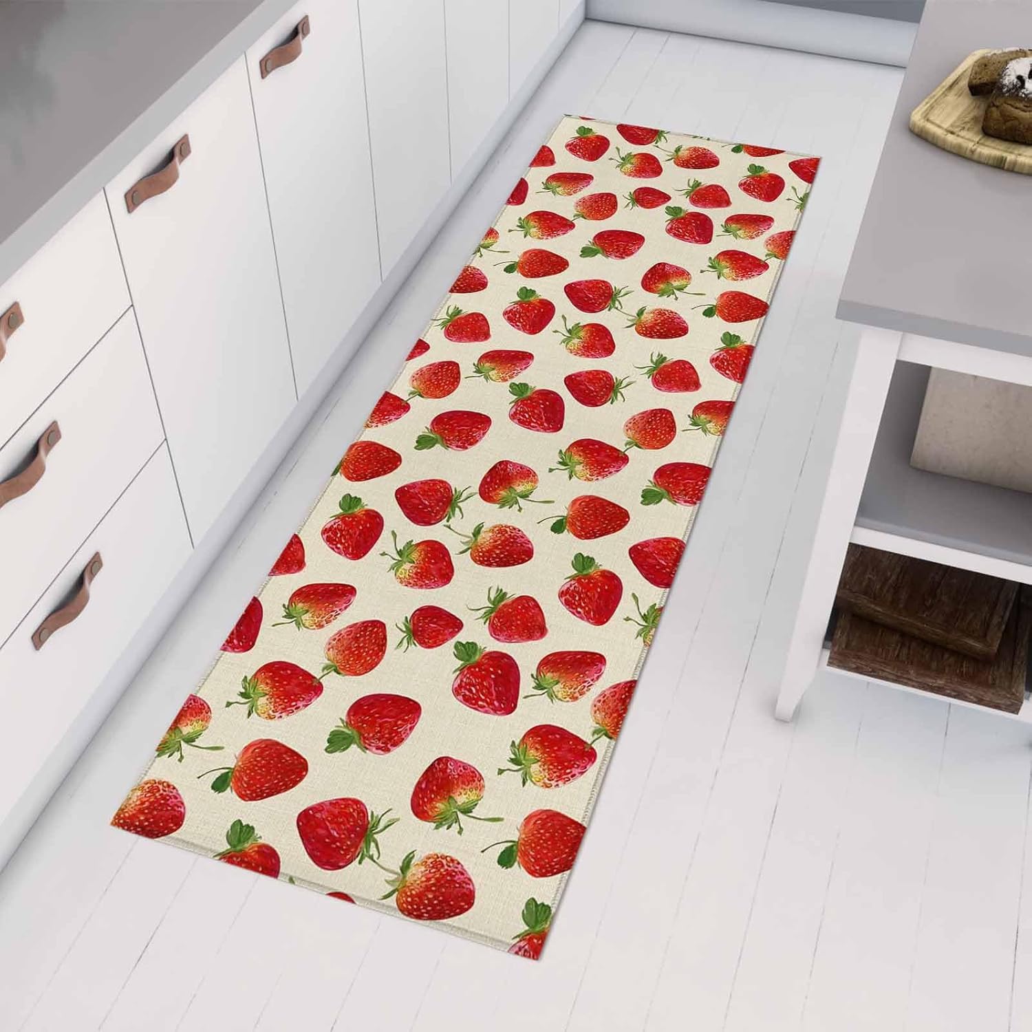 Teamery Kitchen Mats for Floor Summer Strawberry Vintage Linen Washable Non Slip Kitchen Rugs 1PCS, Farmhouse Fruit Seamless Absorbent Standing Mats for Sink Bathroom Office Living Room 23.6x70.9in
