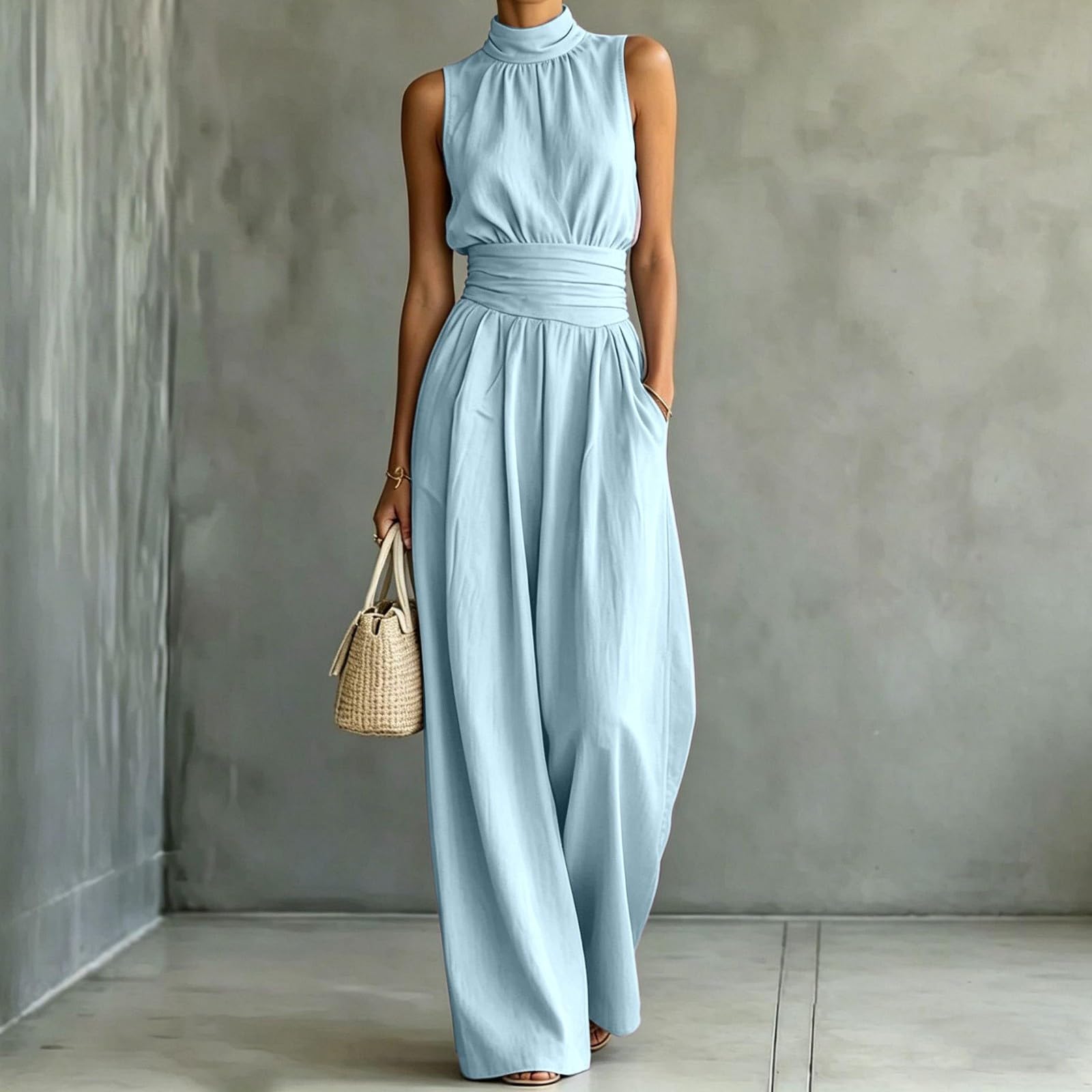 Generisch Ärmelloser Damen Jumpsuit mit Stehkragen weitem Bein sommerlich fließend lange Hose einfarbig für Urlaub Freizeit Büro