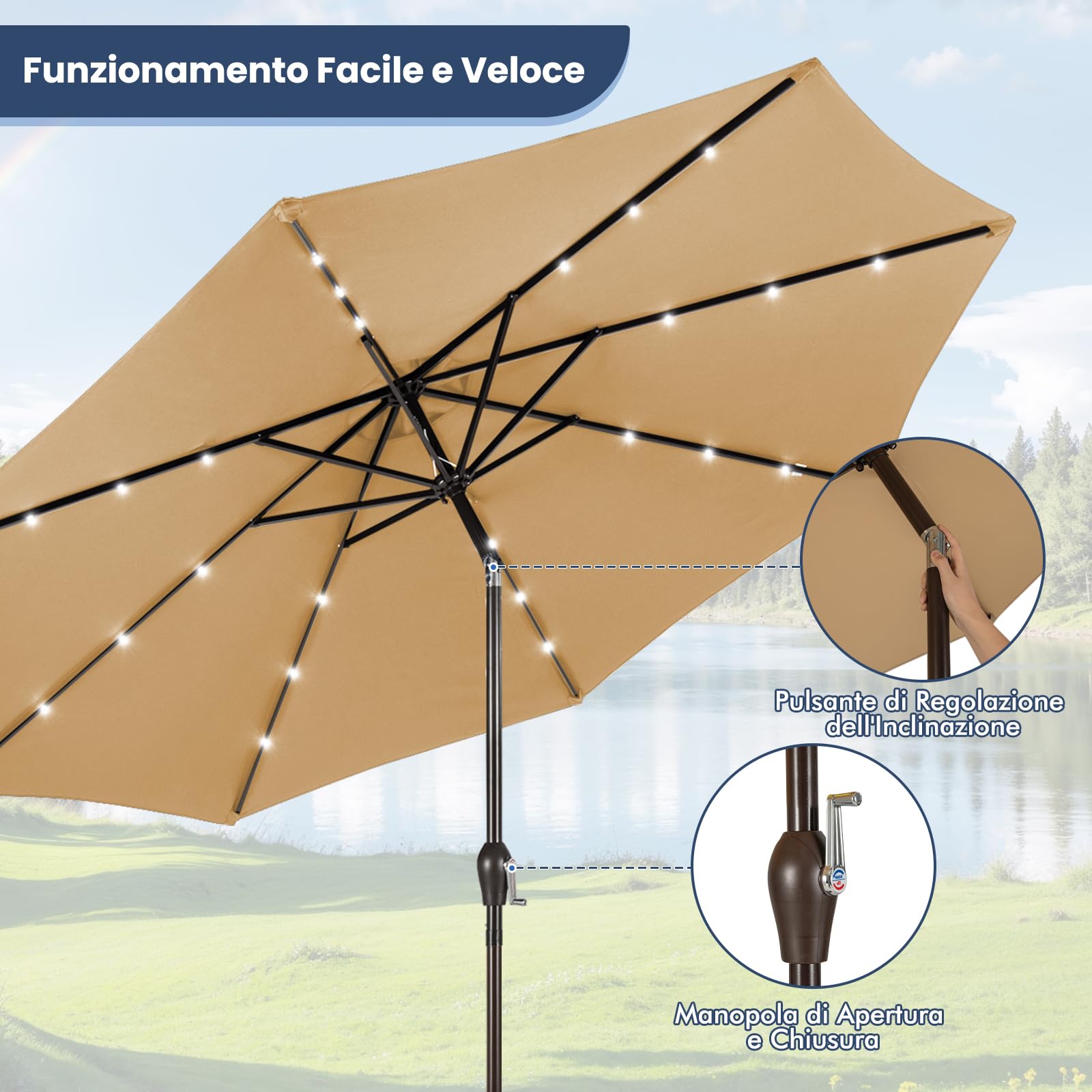 GYMAX Ombrellone da Giardino 3x3 M, con Luci LED Solare, Ombrello Inclinabile Regolabile, da Terrazzo Patio Spiaggia