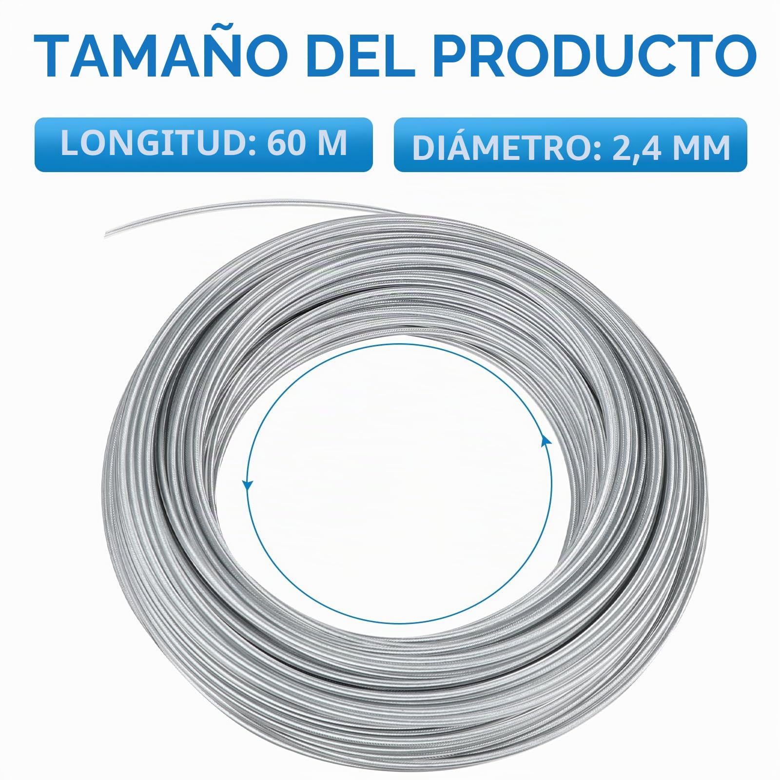 SWAWIS Hilo Desbrozadora 2,4mm x 60M Recambios Desbrozadoras Hilo Desbrozadora Acero Accesorios para Desbrozadora Hilo de Corte para Jardin Hierba