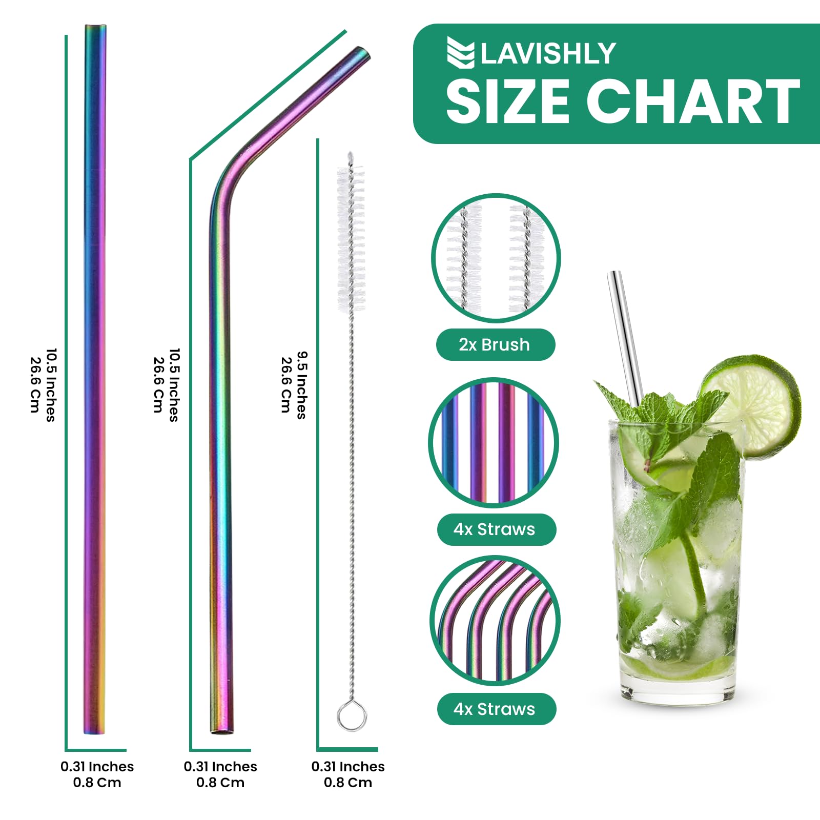 Lavishly Reusable Stainless Steel Metal Straws Set - 4 Straight & 4 Bent Straws + 2 Cleaning Brushes, Rainbow, 8 Pcs Set - Image 2