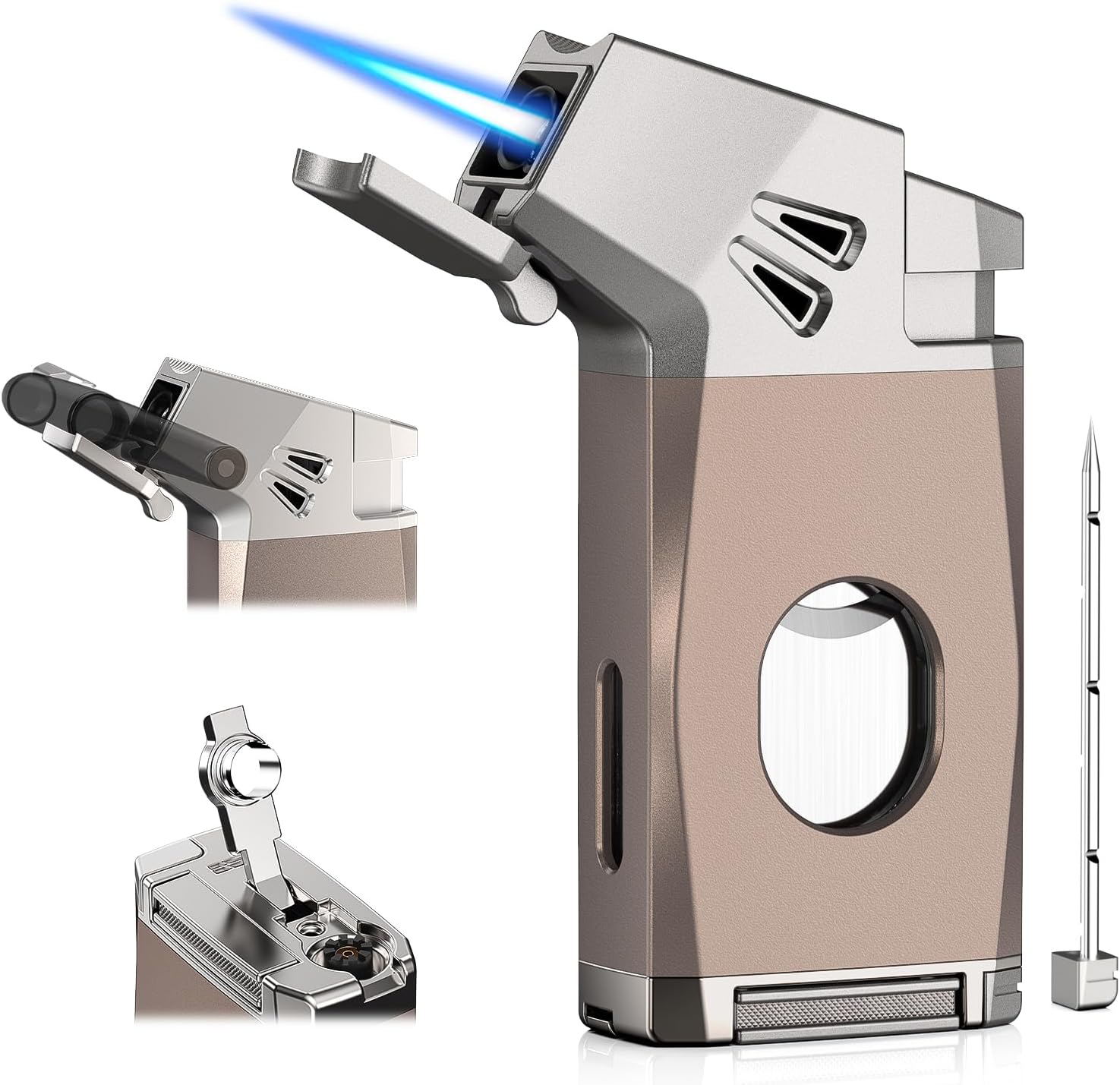 5-in-1 Torch Lighter with Straight Cutter, Punch, Holder, Draw Enhancer Tool, Adjustable Jet Flame, Gifts for Men, Butane Refillable Lighter, Multi-Functional Accessories, Lighter for Travel