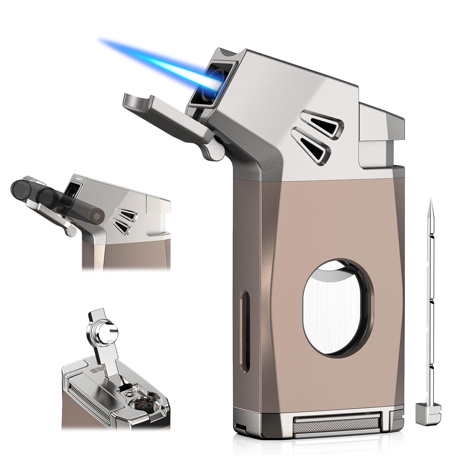 5-in-1 Torch Lighter with Straight Cutter Punch Holder Draw Enhancer Tool Adjustable Jet Flame Gifts for Men Butane