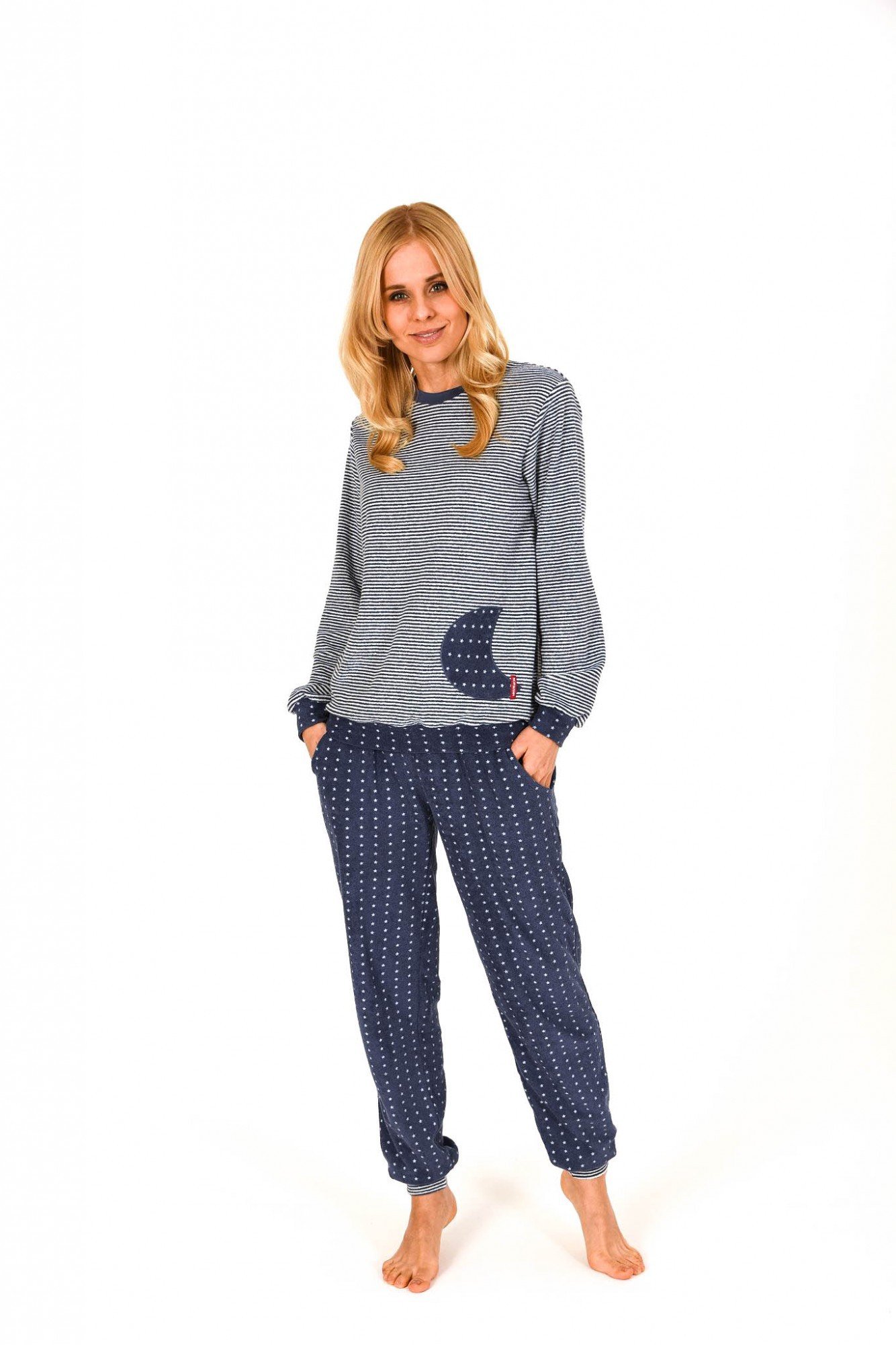 Normann Damen Frottee Pyjama Langarm - Kuscheliger Schlafanzug Mit Mond-Stern Design