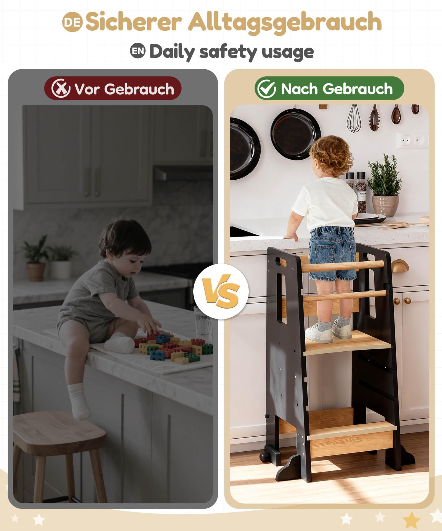 Yorbay Lernturm ab 1 Jahr: 3-Fach Höhenverstellbar Montessori Lernturm mit Kippschutz - Massiv und Stylisch Learning Tower für Kinder - für Küche und Bad Kleinkinderzimmer