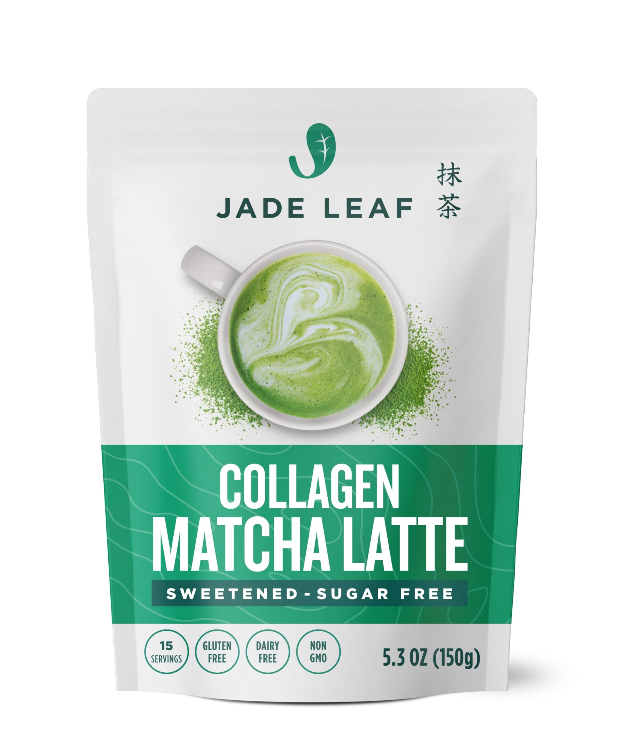 Jade Leaf Matcha Latte Powder with Grass Fed Bovine Collagen - Sugar Free, Sweetened with Monkfruit for Lattes Mixes - Made with Organic Japanese Matcha Powder 5.3 Ounce / 150g (Pack of 1)