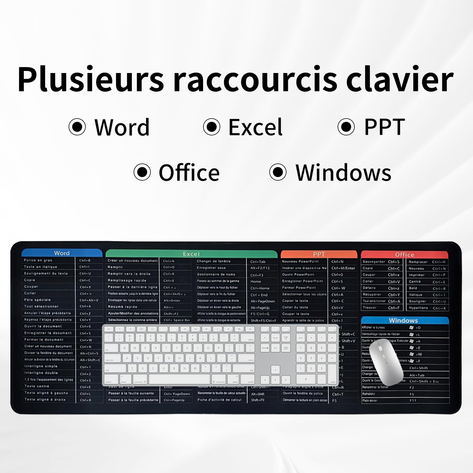 Tapis de Souris Raccourcis Excel 800x300 mm, Tapis de Bureau Étendu Formules et Raccourcis Clavier