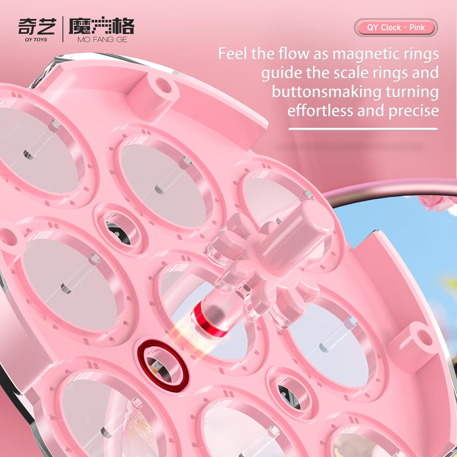 CuberShop QY Magic Clock – Pink Sakura Collector’s Edition, Qiyi Toys Magnetic Chuanshi Puzzle, Speed Clock with Transparent Base, Optimized Positioning & Smooth (Cherry Blossom Pink)