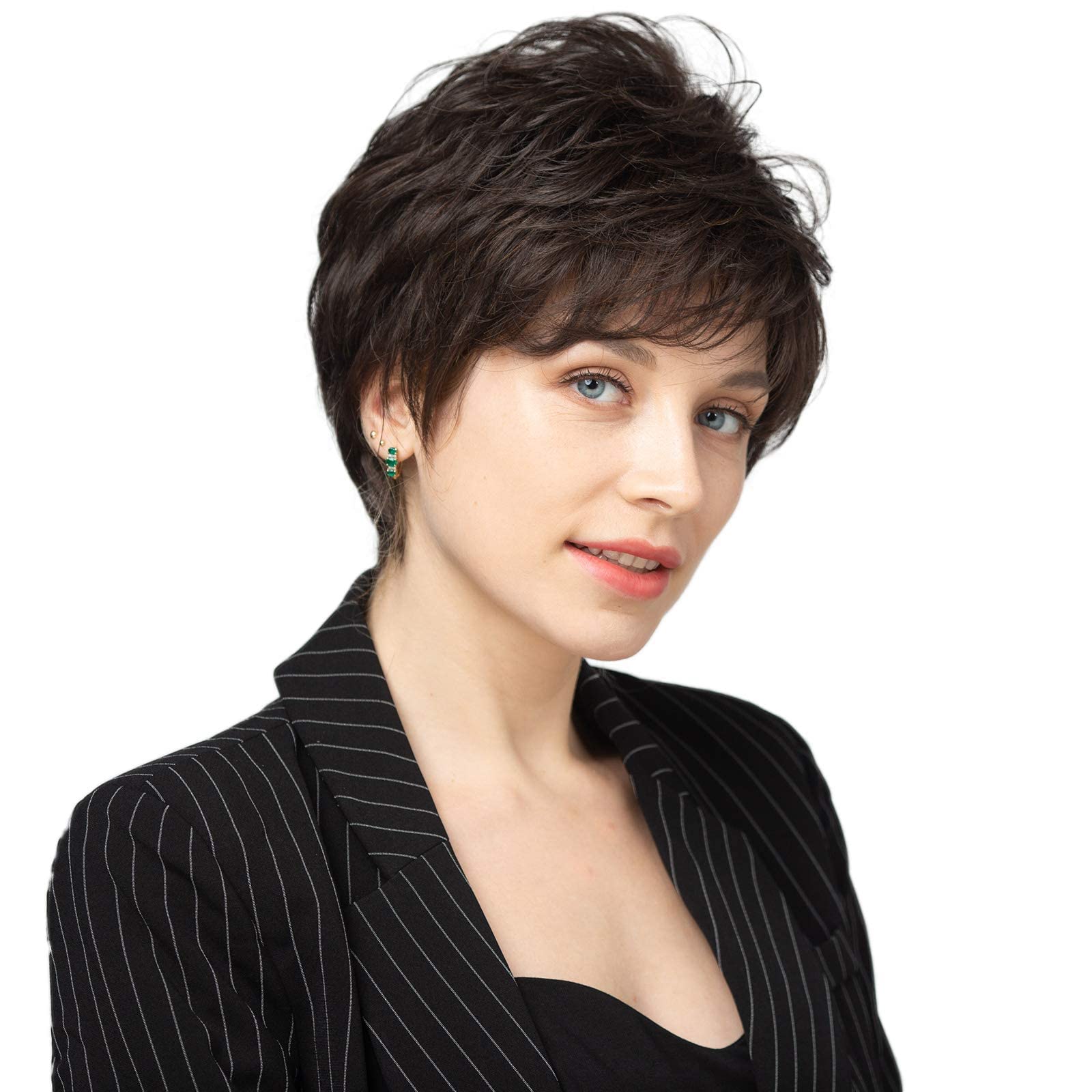 Photo 1 of Nuxovin Lightweight Breathable Dark Brown Human Hair Wig Pixie Cut With Bang Natural Effect for Women Daily Styling (Dark Brown, 6inch)