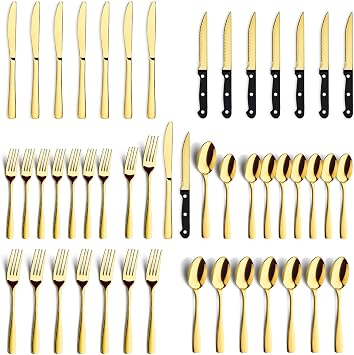 BEWOS 48-Pieces Gold Silverware Set for 8 - Stainless Steel Flatware Set with Mirror Polish, Silverware Sets Including Steak Knives, Forks and Spoons, Dishwasher Safe for Restaurant