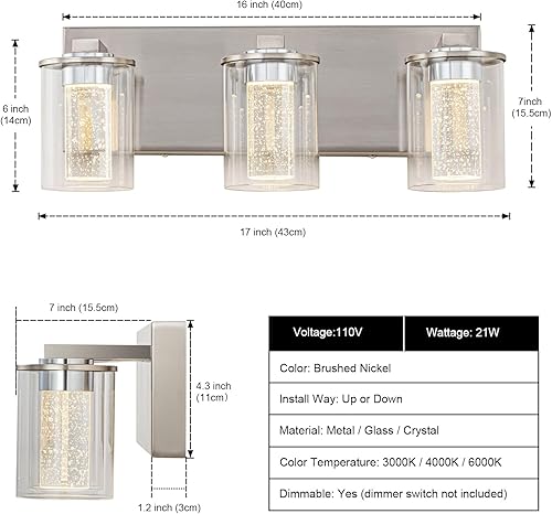 Miniatura 2 de SineRise Lámpara de tocador de 3 luces de níquel cepillado con 3 modos de color (3000 K4000 K6500 K), lámpara LED de baño con protección ocular, luz