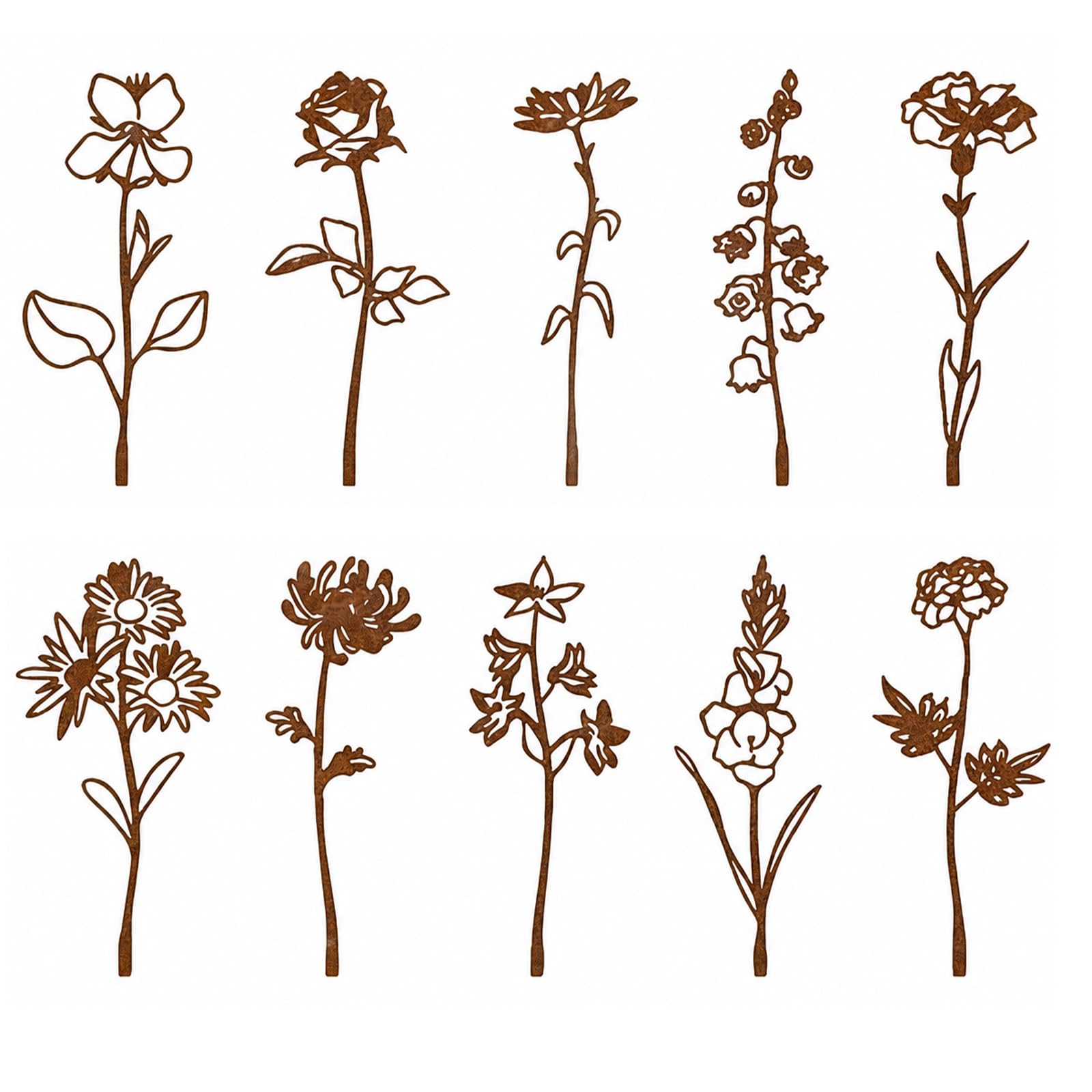 Qubitly 10 Pcs Rust-Resistant Metal Flower Garden Stakes, Easy Insert Decorative Garden Ornaments, Metal Floral Decor for Garden Yard Flower Bed Vase Nature Lovers Gift — image 1