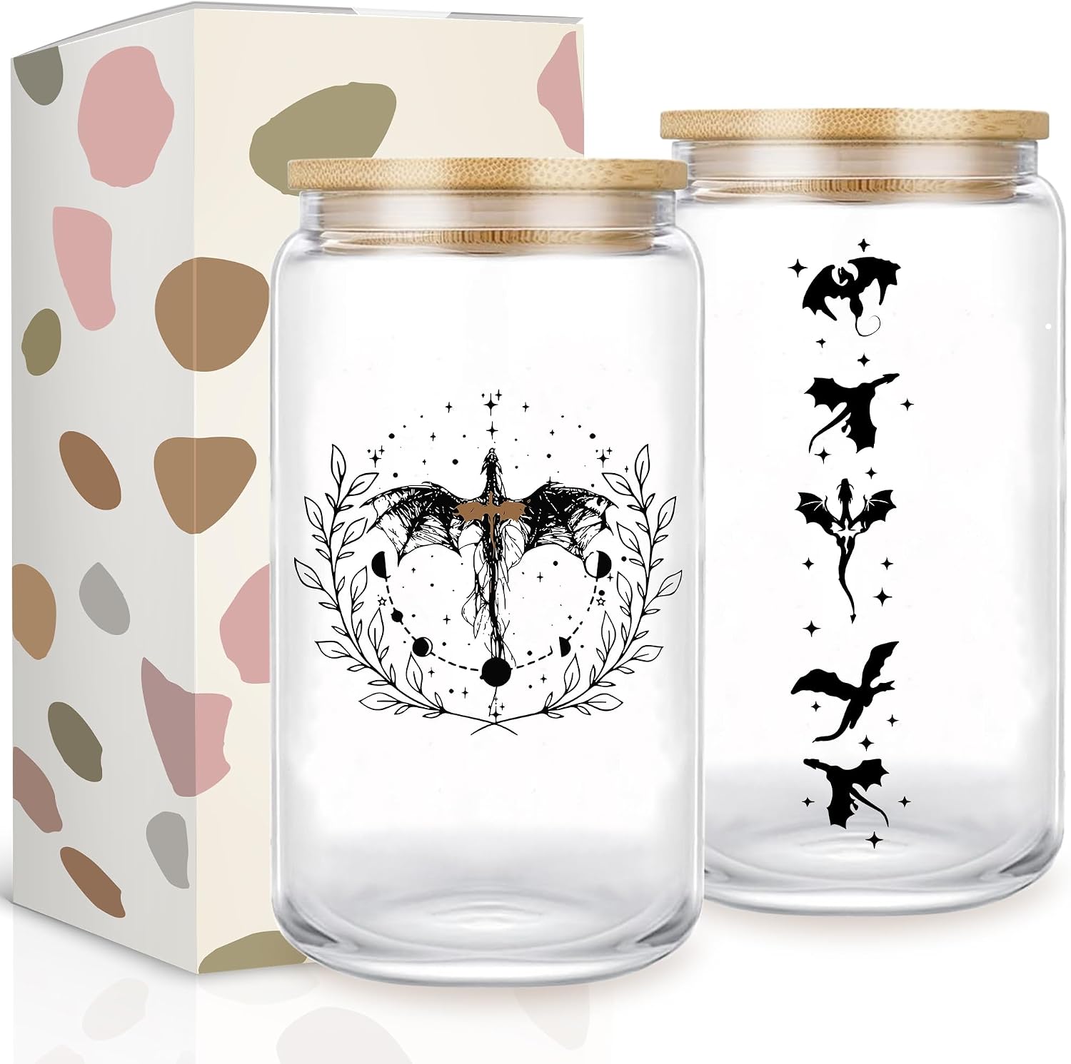 Fantasy Book Lover 16oz Glass Cup with Lid and Straw, Wing Glass Tumbler, Unique Gift for Fantasy Book Lovers