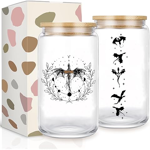 Fantasy Book Lover 16oz Glass Cup with Lid and Straw, Wing Glass Tumbler, Unique Gi...