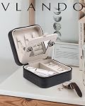 VLANDO Travel Jewelry Case With Mirror,Mothers Day Gifts,Small Portable Jewelry Box,Jewelry Organizer for Rings Earrings Necklaces Display Storage,Gifts for Girls Women,Travel Essentials,Black