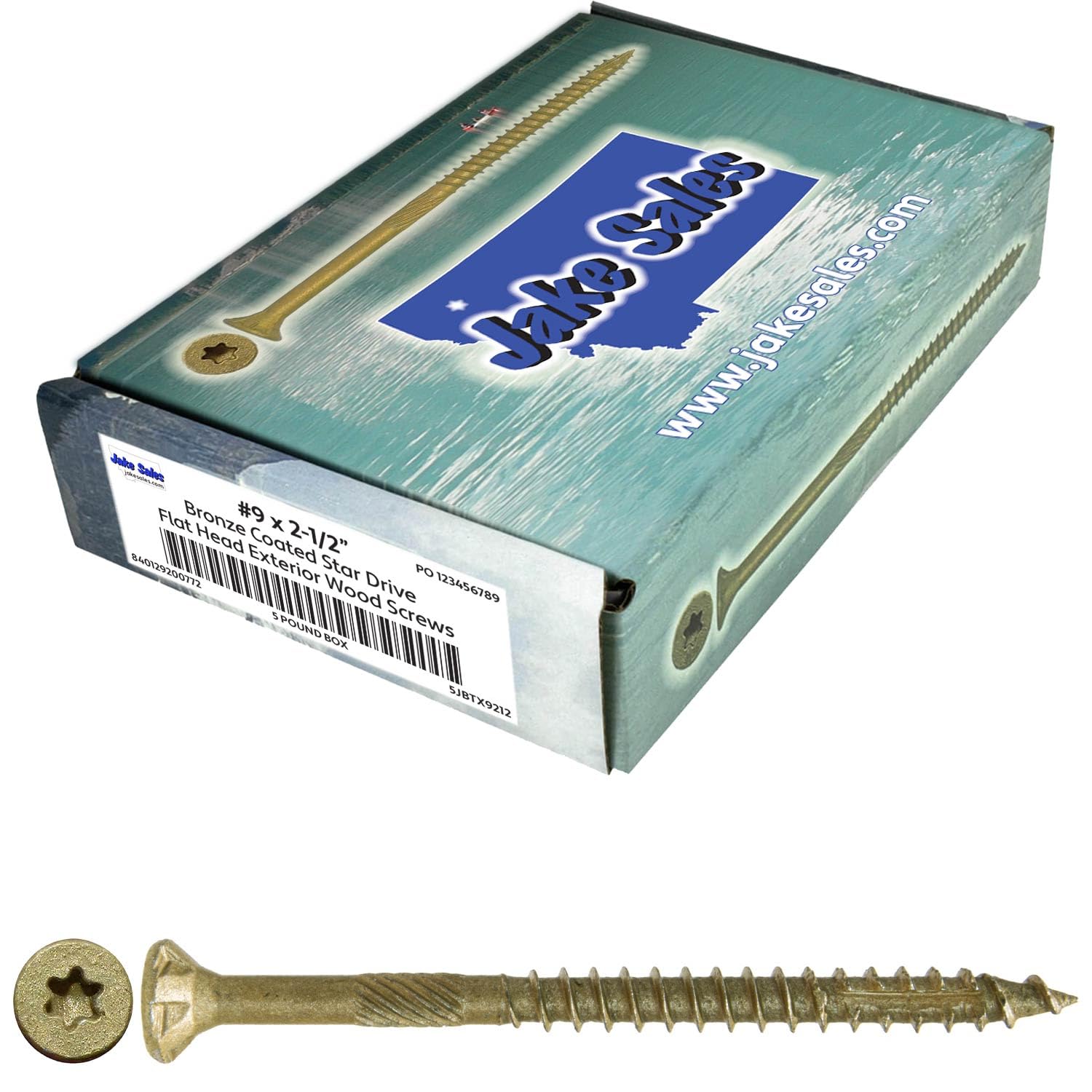 Jake Sales Tornillo de madera multiusos con revestimiento de bronce #9 x 2-1/2 pulgadas, cabeza plana Torx/Star Drive (5 libras - 465 aprox. número de tornillos) con revestimiento exterior - Tornillos