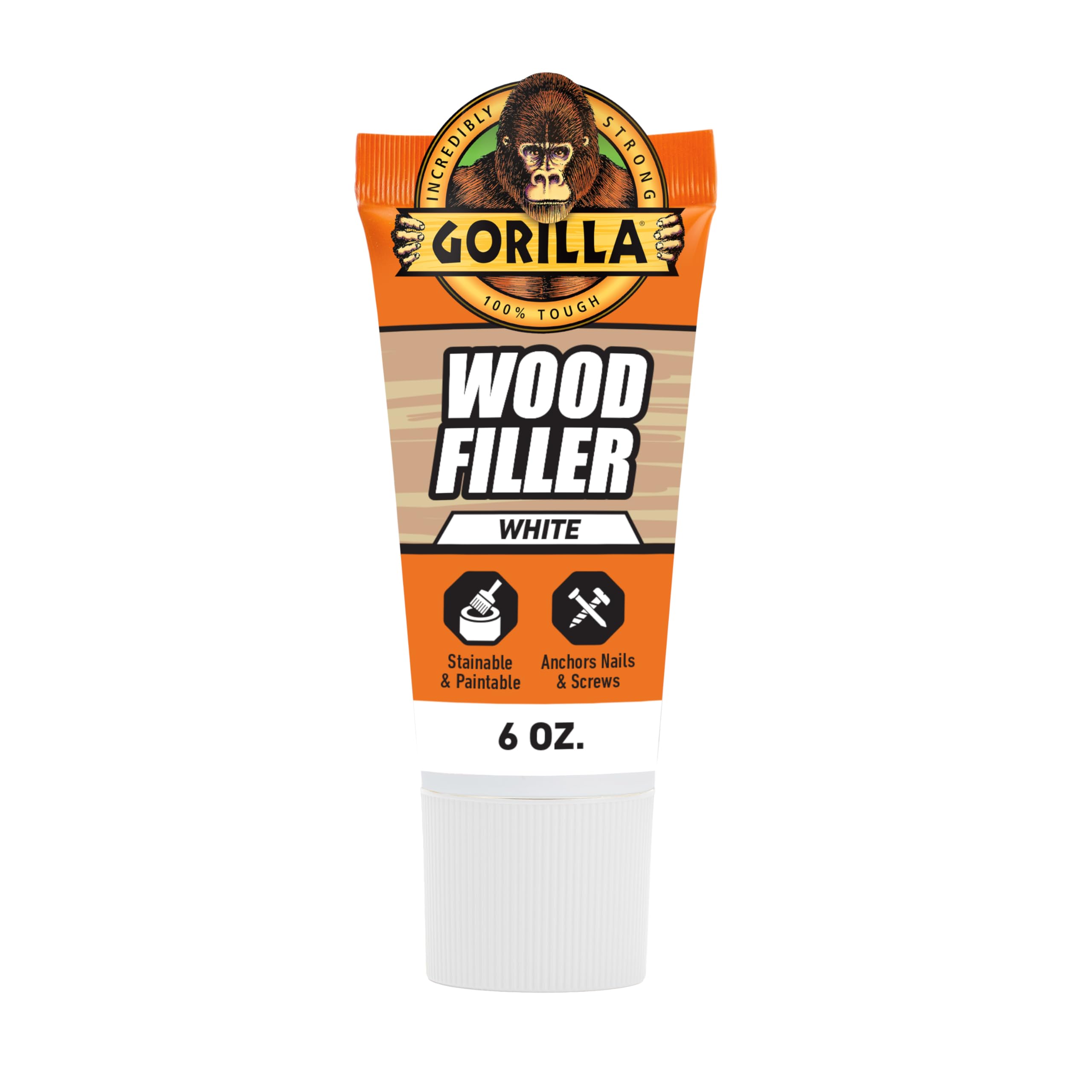 Gorilla All Purpose Wood Filler, White Wood Filler, 6 Ounce Tube (Pack of 1) - Water Resistant for Indoor or Outdoor Projects and Repairs