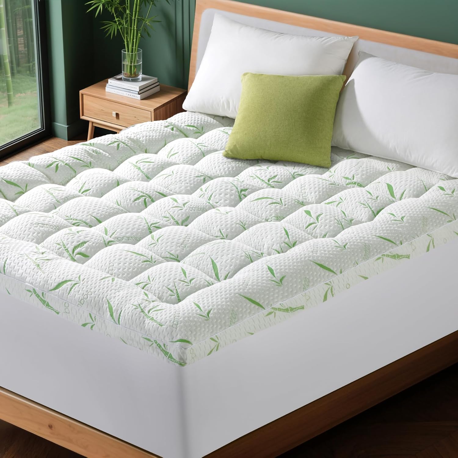 Breathable 1Inch Mattress Pad Viscose Made from Bamboo Cover, Extra Plush for Back Pain, 8"-18" Deep Pocket(60"x80") Green 60"x80"