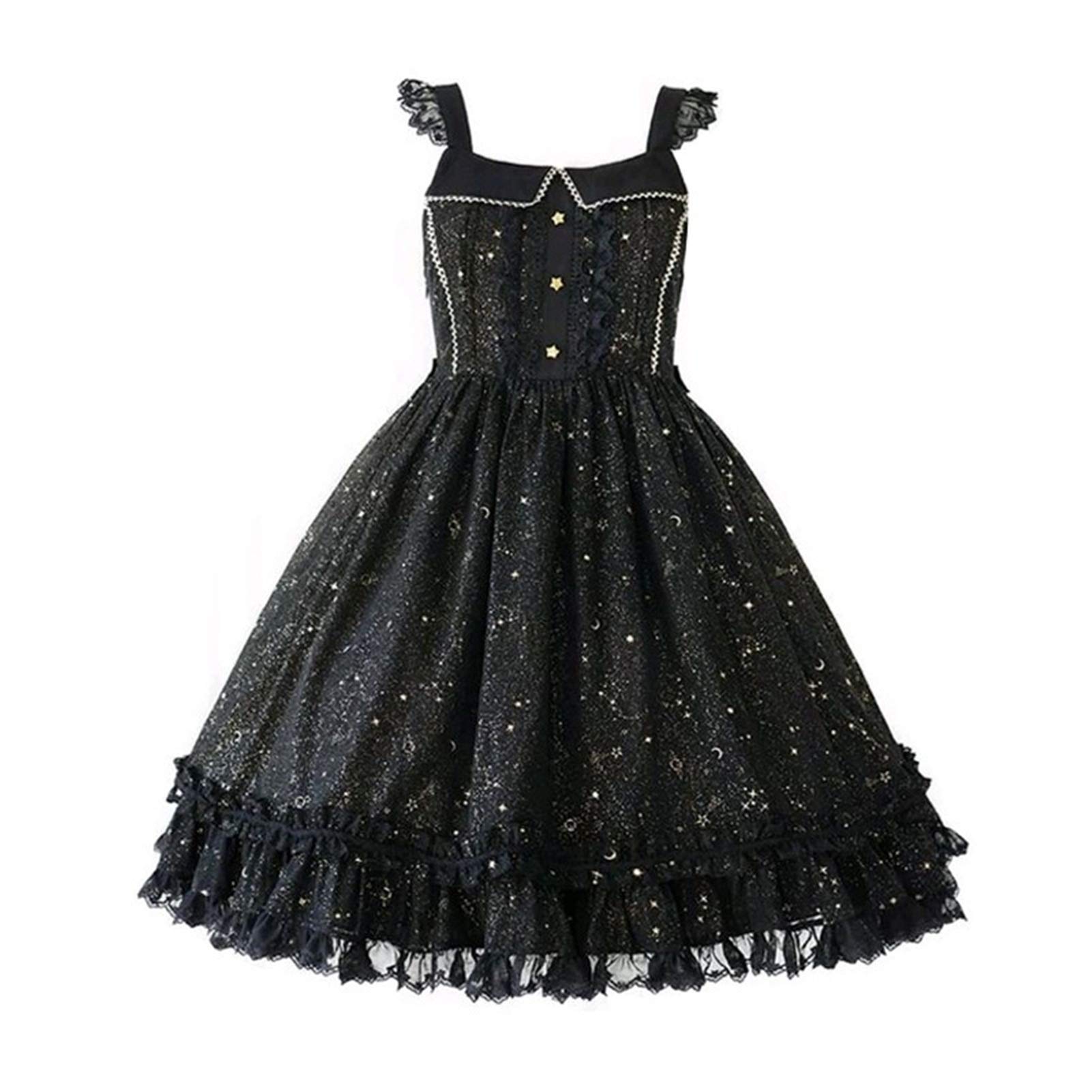 Maid costume Japanese Sweet Lolita Dress Hot Stamping Dream Star Lace Bandage Victorian Dress Kawaii Girl Gothic Lolita Jsk (Color : Black, Size : S)
