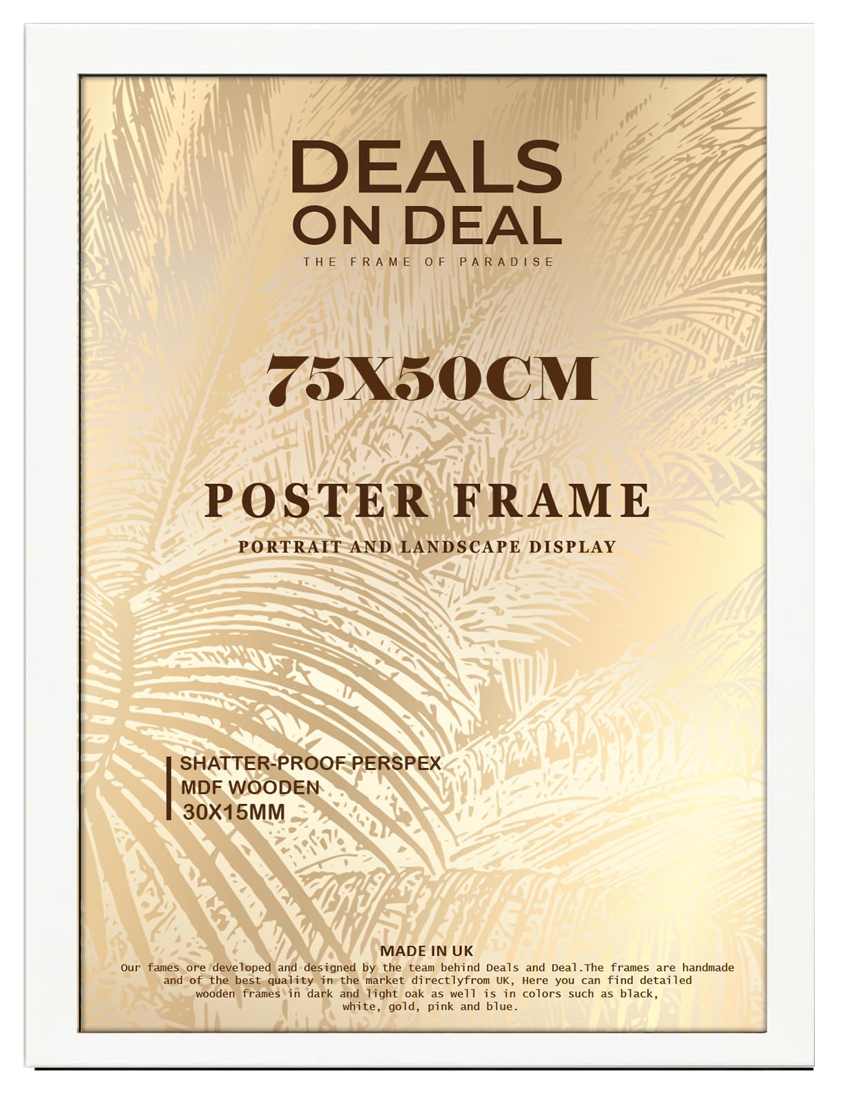 DEALS ON DEAL® Modern Large Poster Frame 75x50cm Mdf Wooden Picture Frames 50cm x 75cm for Jigsaw Puzzles/Shatter-Proof Front Vertical/Horizontal Mounting For Home & Office Décor-White