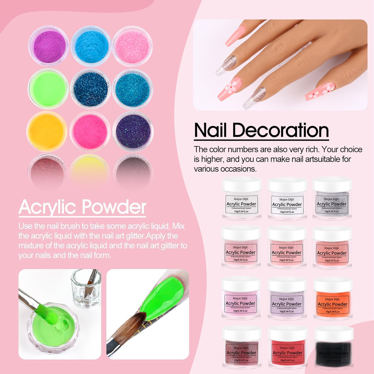 Major Dijit - Kit de manicura de acrílico con lámpara para uñas, 12 colores de polvo y líquido acrílico, capa final, capa base, imprimación para uñas y limas eléctricas para kit de uñas de gel