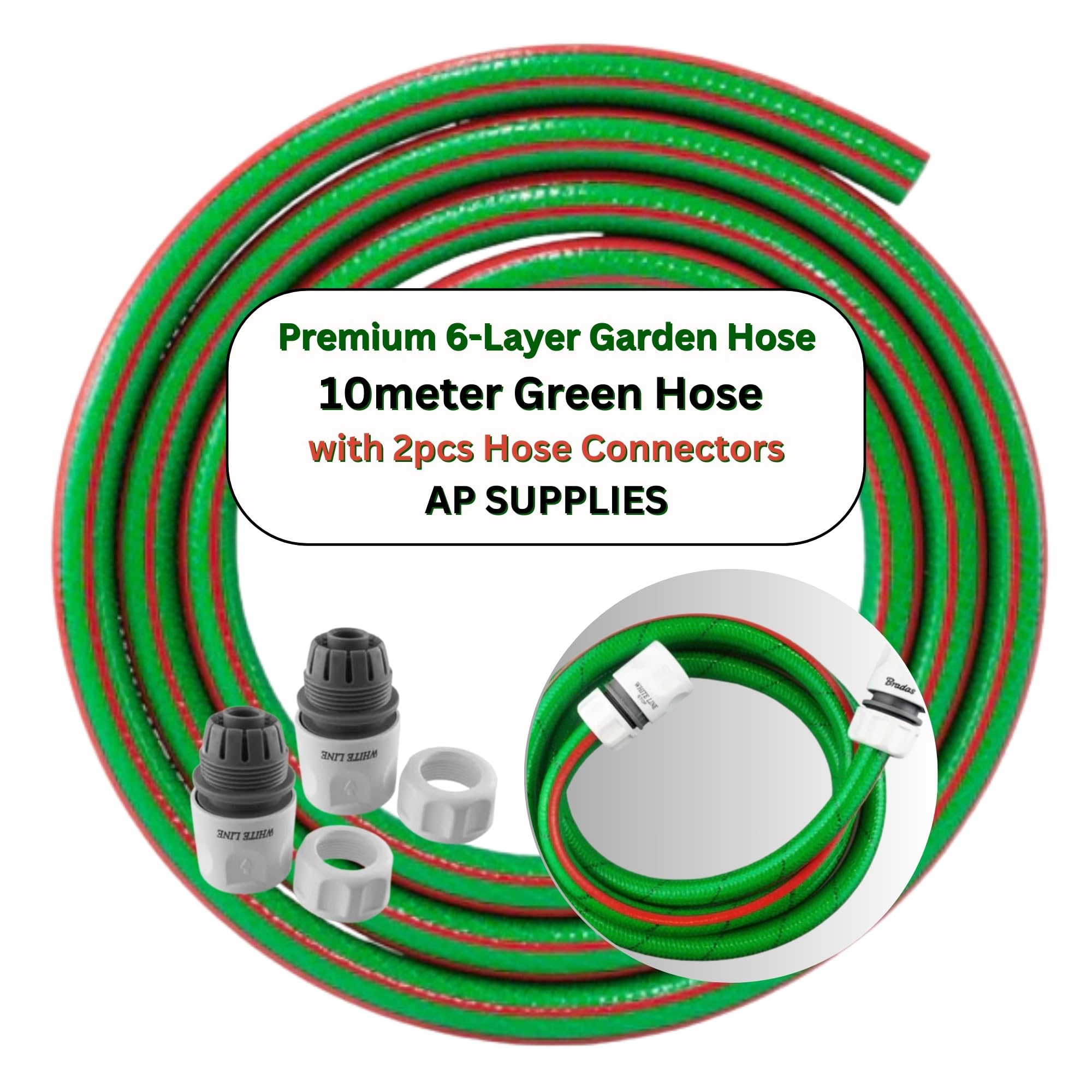 Ap Supplies Green/Red Water Hose 1/2Inch - 6-Layer Flexible Garden Hose - Premium Food Grade Water Hose With Hose Connector Set For Caravan, Motorhome And Boat. Standard Click-Lock Type Connectors (10Meter)
