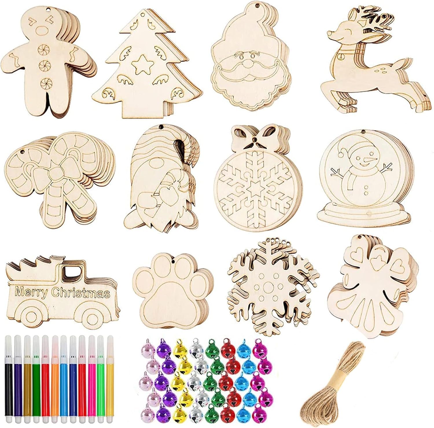 48pcs Christmas Wooden Ornaments Set With Holes, Unfinished Slices, Twine, Colorful Bells, Watercolor Pens for Kids DIY Crafts, Hanging Decoration, Xmas Gift