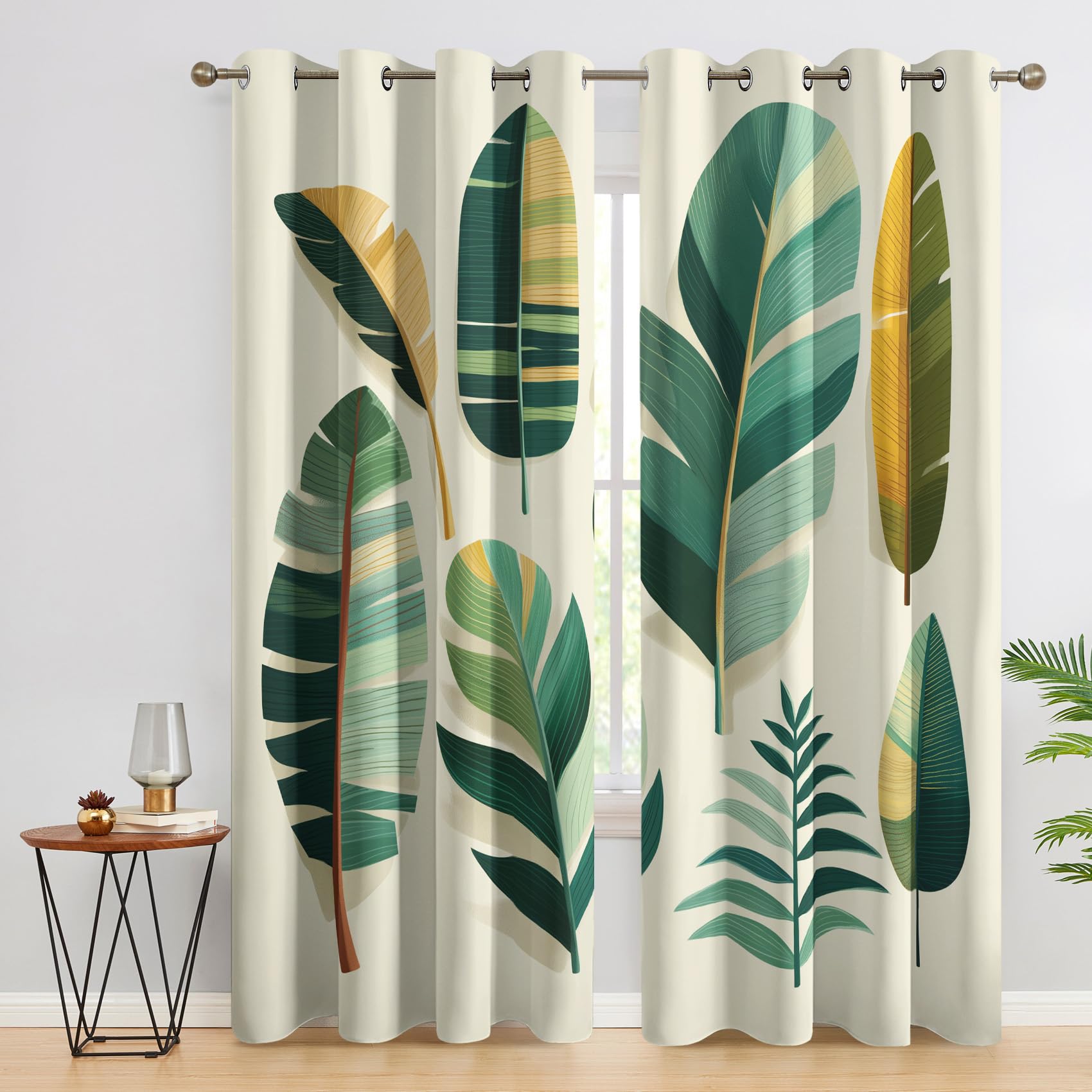 Rideau Occultant Feuille De Bananier, Feuilles Tropicales Motif Rideaux Thermiques à Oeillets, Rideaux Imprimé pour Salon Chambre Fenetre Moderne Décoration, 117x183 cm (L x H), Lot de 2