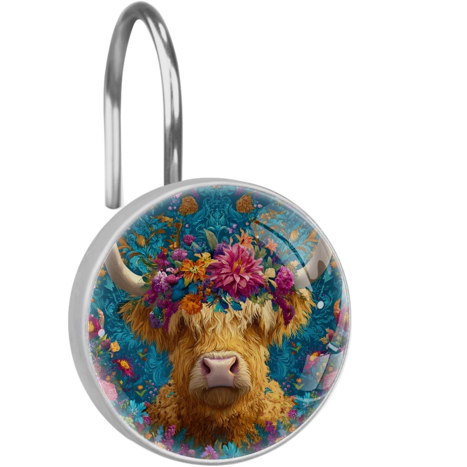 VAPOKF Shower Curtain Hooks, Highland Cow Flower Rust Proof Decorative Shower Curtain Rings, Modern Farmhouse Designer Shower Curtain Hangers for Bathroom, 12Pcs