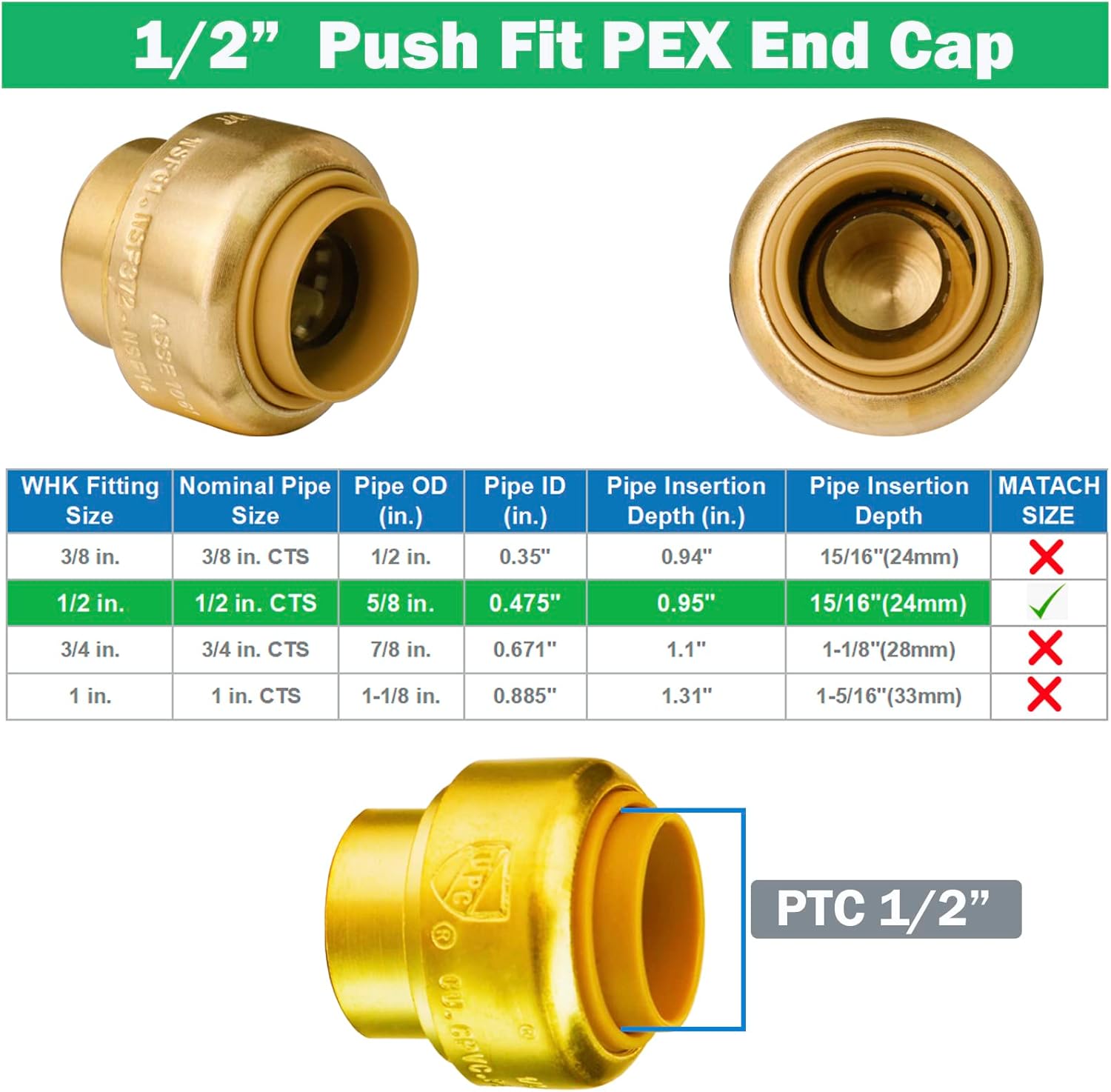 WHK 12 PACK 1/2" PEX Plug End CAP,Copper Cap 1/2" Push-to-Connect Plumbing Fitting for Copper PEX,CPVC With Disconnect Clip(Lead-Free Certificate)…