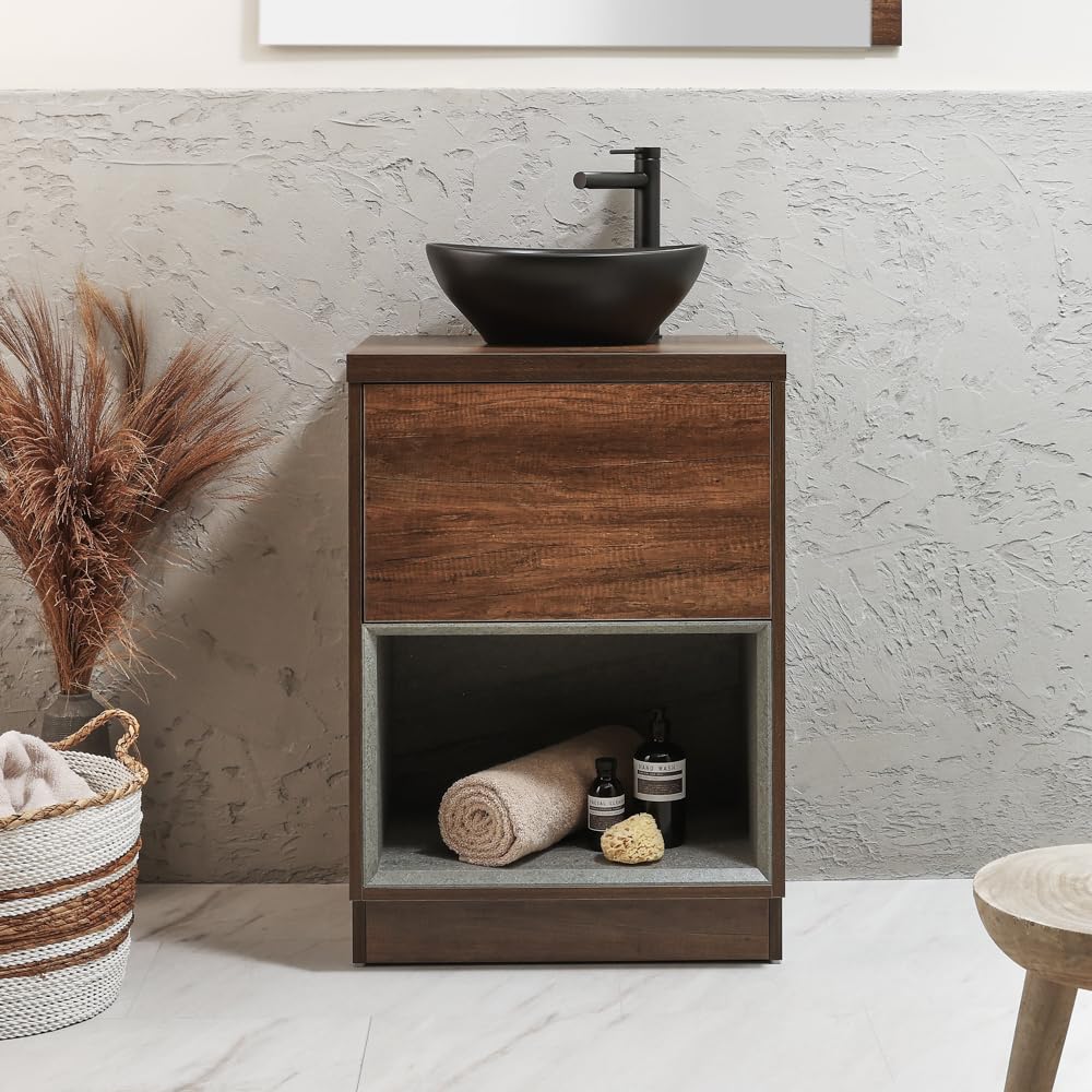 Milano Dark Oak Unit / Graphite Basin Bexley Dark Oak 600Mm Led Lit Bathroom Vanity Unit Oval Graphite Countertop Basin