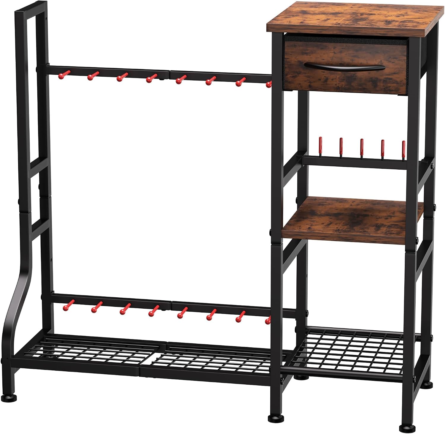 YOHKOH Gun Rack for Heavy-Duty Gun Storage with 9 Open Slots and 6 Pistol Holders, Includes Wood Shelf and Drawer, Black Finish with Reinforced Carbon-Steel, Freestanding for Indoor Home Garage Use