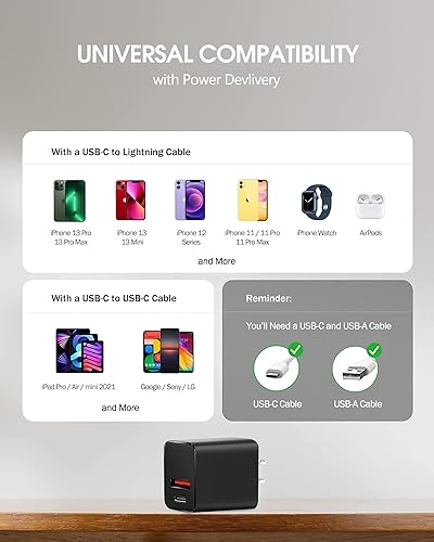 Miniatura 6 de UDATON Cargador de pared USB C, cargador duradero de doble puerto de 20 W para Apple Watch Series 9, iPhone 151413 MiniProMax, negro