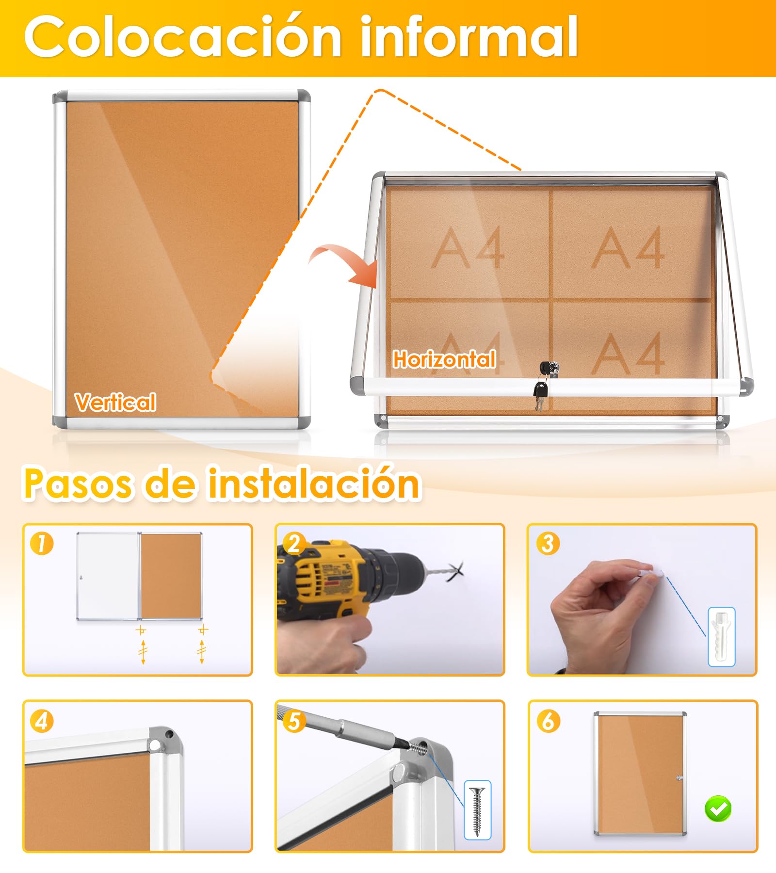 Swansea - Tablon de Anuncios para Interiores 4xA4,Tablón de Anuncios con cerradura de Aluminio para comunidad,escuela, oficina, 67 x 50 cm