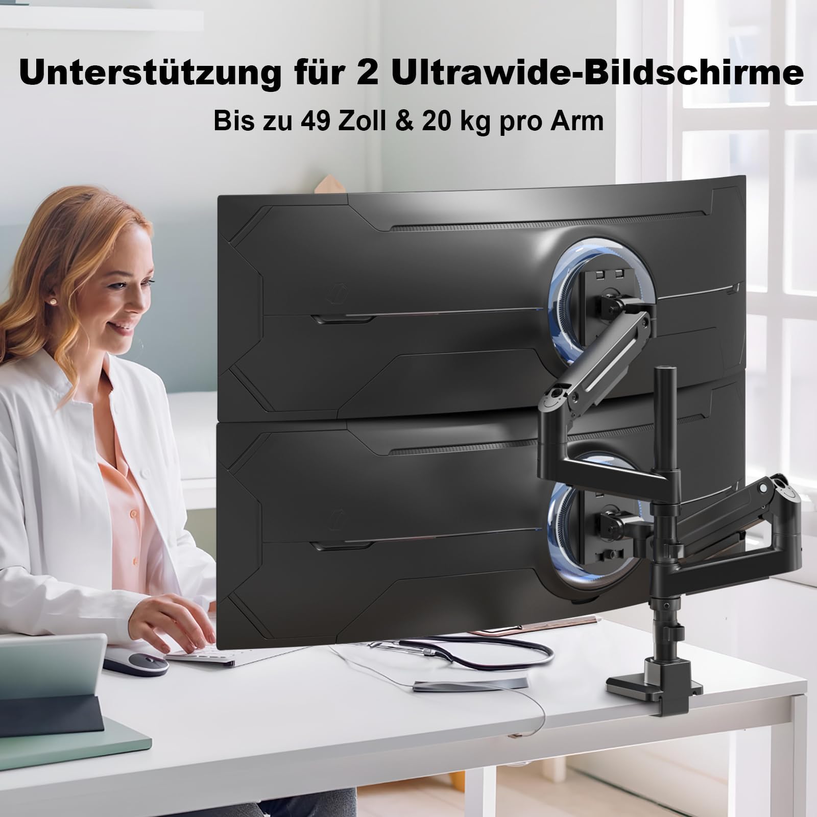 PUTORSEN Monitorhalterung 2 Monitore für 17 bis 49 Zoll Bildschirme bis 20 kg pro Arm, Extra Langer Tischhalterung Höhenverstellbar Schwenkbar für optimale Ergonomie, VESA 75/100mm