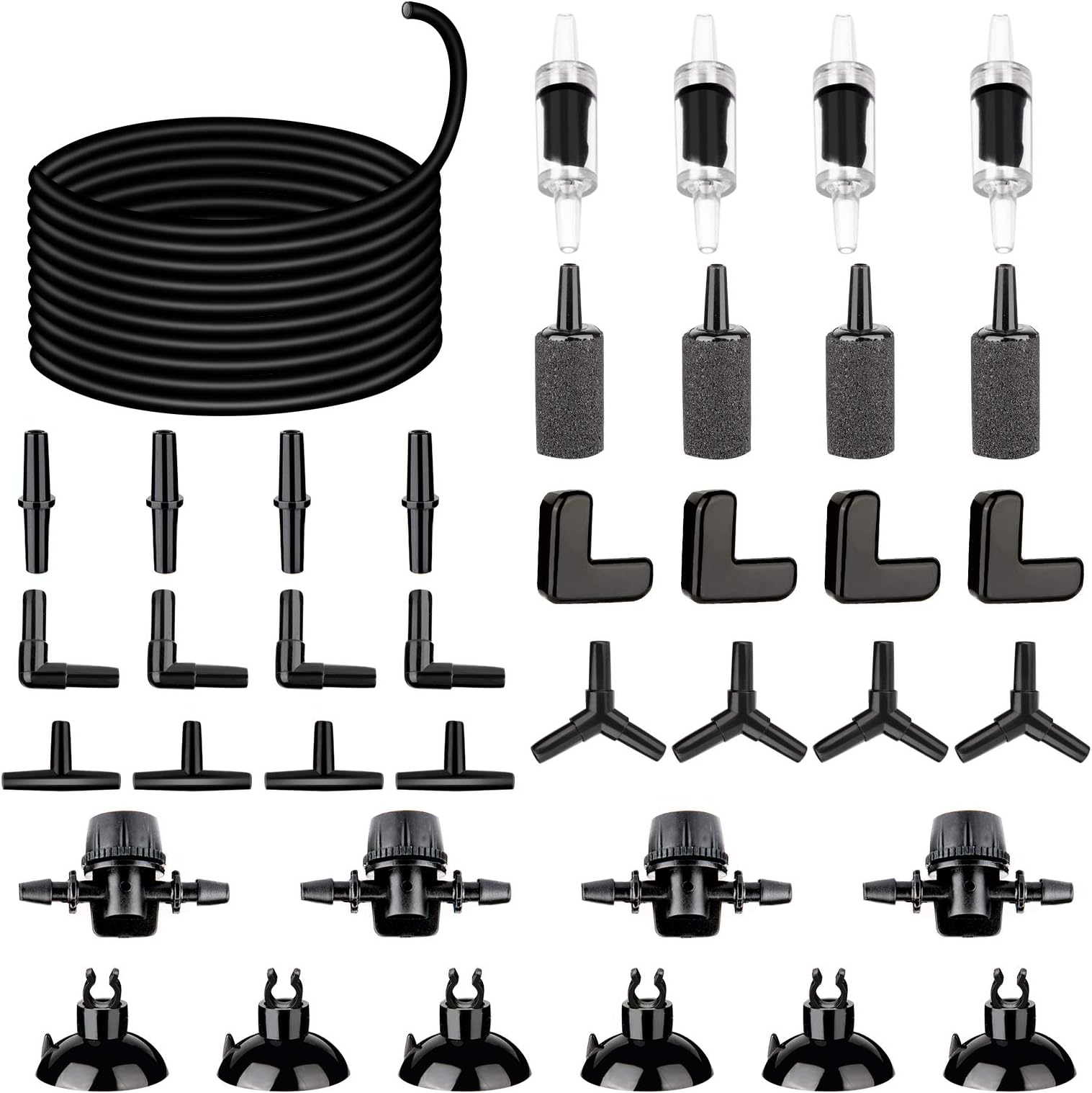 26.6 Feet Black Aquarium Soft Airline Tubing Hose Standard with 4 Air Stones,4 air Value Controller,4 Check Valves, 6 Suction Cups and 16 in Total for I,L,T,Y Shape Connectors