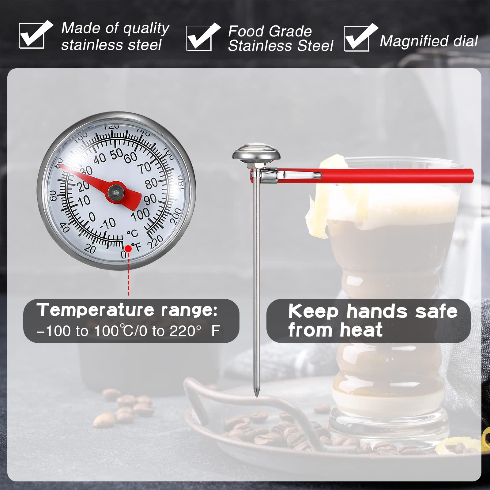 Termómetro de cocina de acero inoxidable de 12 piezas con tallo rojo de 5 pulgadas de largo, termómetro de esfera de 1 pulgada, termómetro de alimentos para sonda de horno, carne, espuma, parrilla,