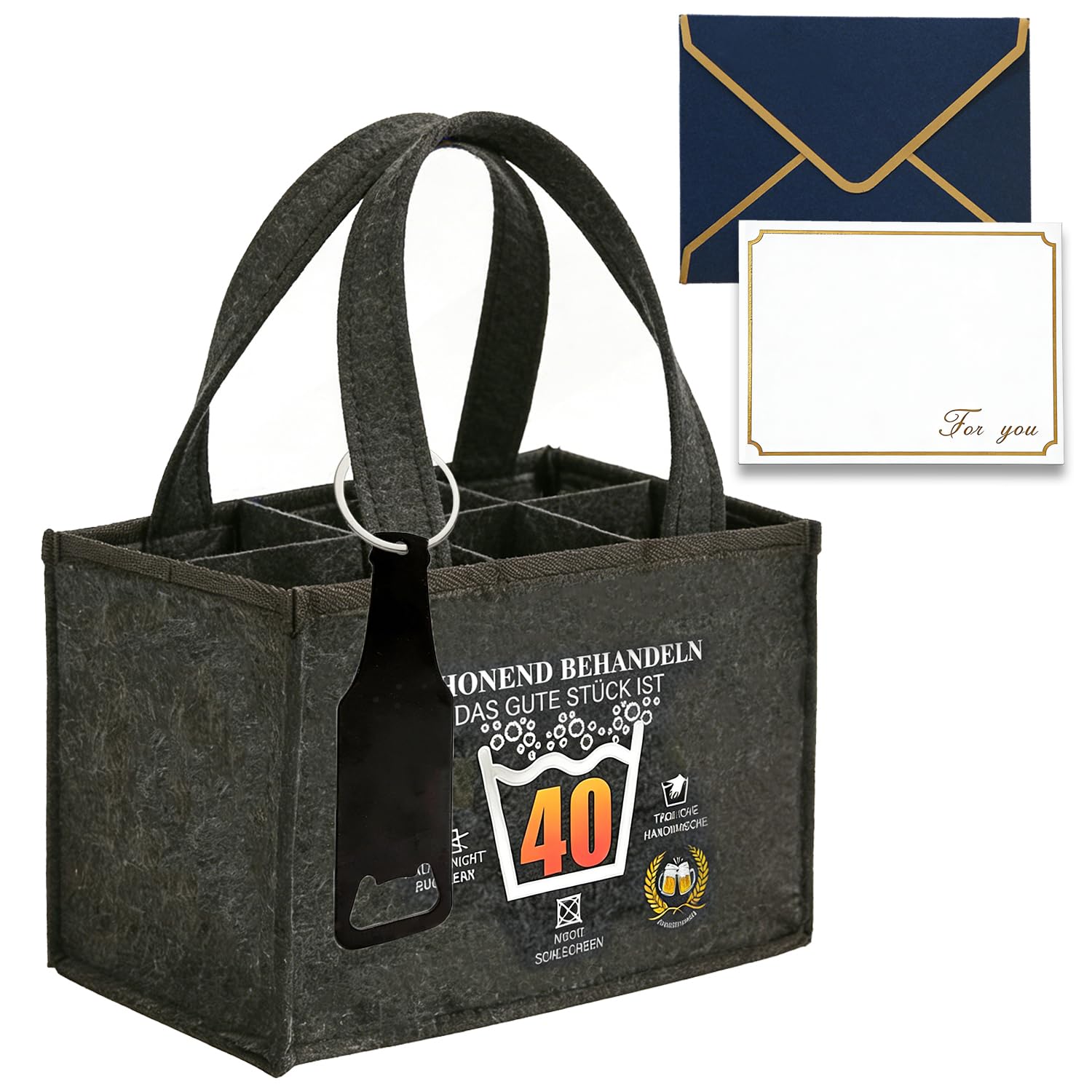 AiDeHuaKeJi Männerhandtasche Bier Geschenk zum 40 Geburtstag Mann – Lustiger Filz Bierträger für 6 Flaschen inkl. Öffner & Geburtstagskarte – Witzige Geschenke für Männer, Vater & Ehemann