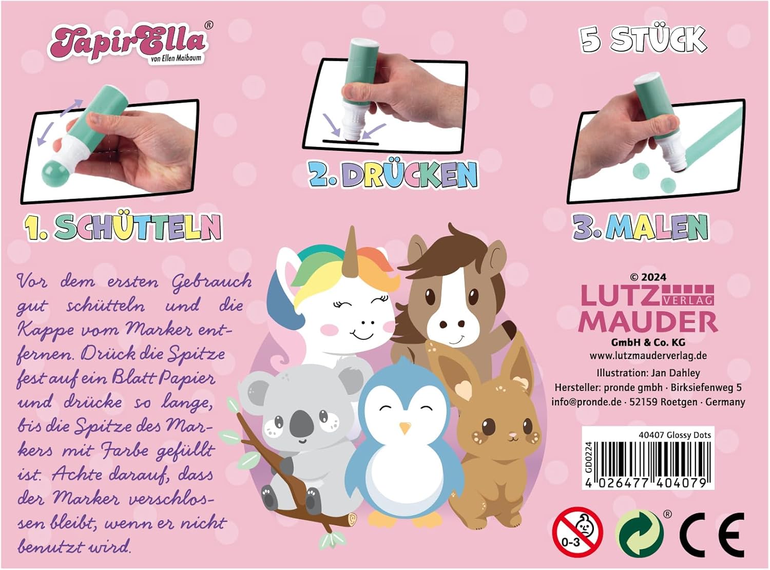 Lutz Mauder Stamp Marker Painting and Stamp Pens Glossy Dots, Pack of 5 Different TapirElla Designs in Pastel Colours with Metallic Effect, Colouring Pens and Stamps in Five Colours